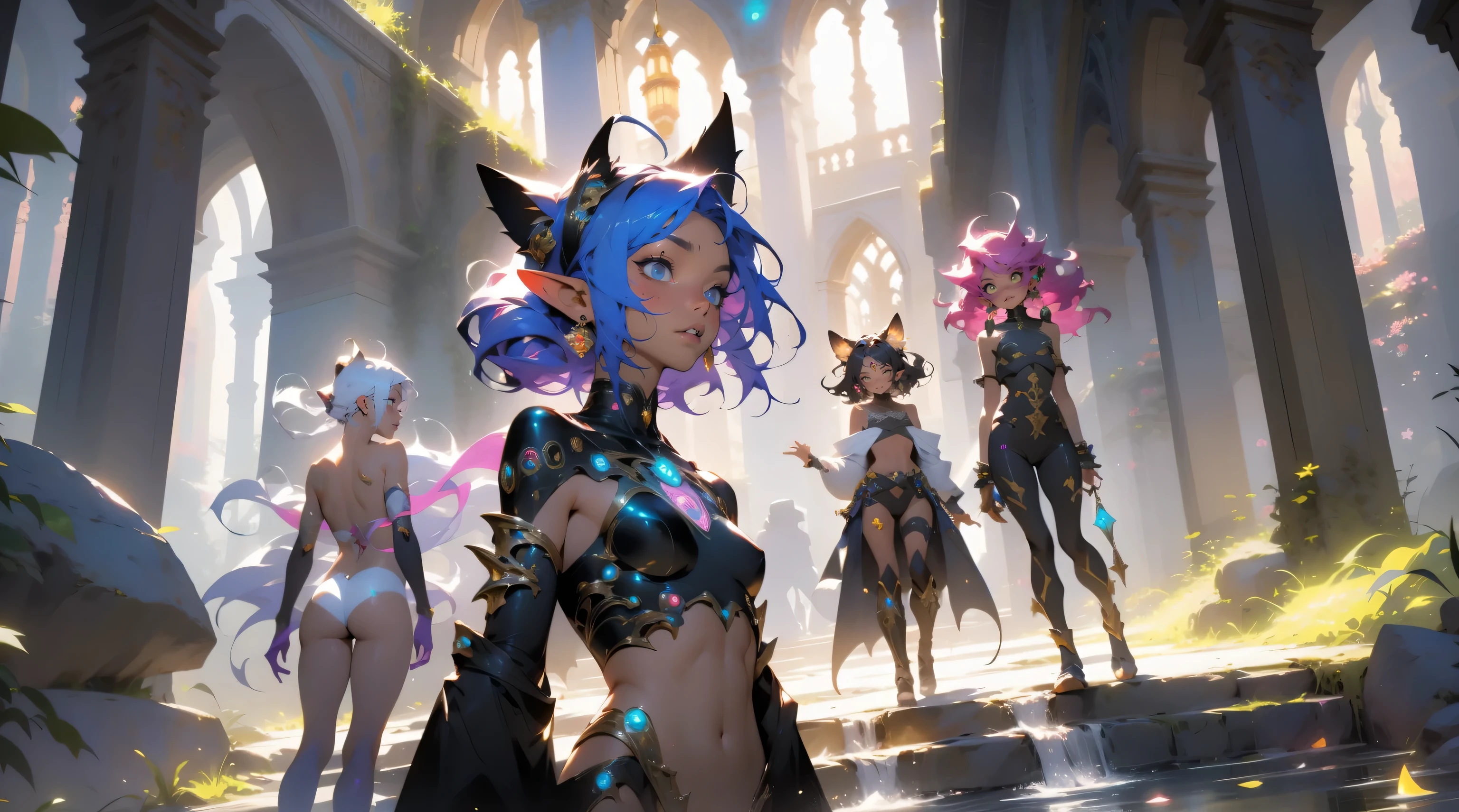 three beautiful elf females 20 years old, nudist, no clothes, extreme abs, cute face, crazy hair, colored hair, yellow eyes, deep fashion, cyberspace, surreal, virtual reality, Holographic Symphony, video game, crazy colors, NanoSorcerer's Symphony, Data Landscapes, beautiful tattoos, weird perspective, dramatic light, dungeons and dragons, quest, adventurers, action, playfull, cute, profound, cat ears, Pixel Potions and Portals, dramatic glowing halos, group photo, temple, magical energies, witchcraft, permanent love energy, Quantum Perspectives