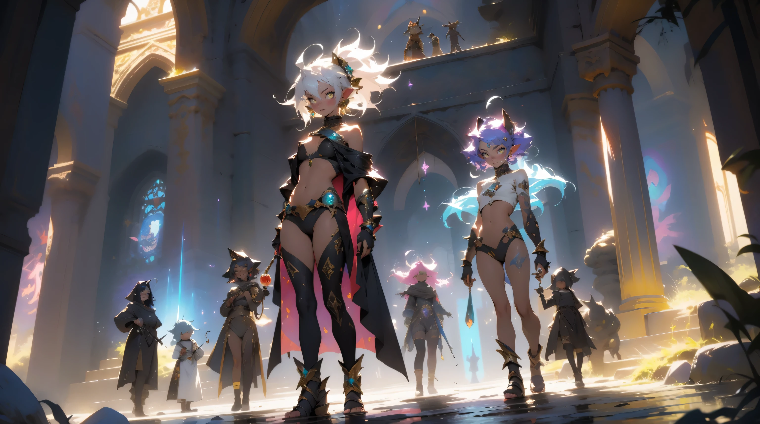 three beautiful elf females 20 years old, nudist, no clothes, extreme abs, cute face, crazy hair, colored hair, yellow eyes, deep fashion, cyberspace, surreal, virtual reality, Holographic Symphony, video game, crazy colors, NanoSorcerer's Symphony, Data Landscapes, beautiful tattoos, weird perspective, dramatic light, dungeons and dragons, quest, adventurers, action, playfull, cute, profound, cat ears, Pixel Potions and Portals, dramatic glowing halos, group photo, temple, magical energies, witchcraft, permanent love energy, Quantum Perspectives