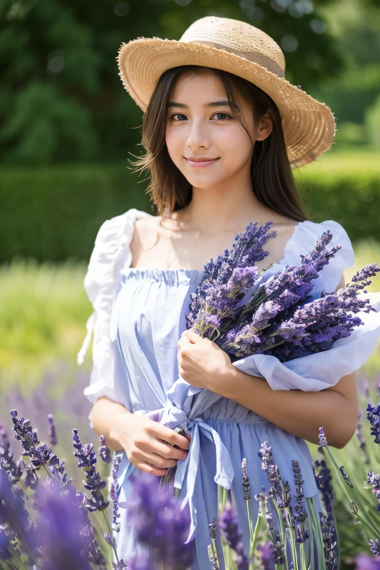 Provence region、Lavender on one side、The person is from the back、Japanese girl around 12 years old、Rear head、(I can't see my face)、light green summer dress、Braids、The person is standing 500m away、
