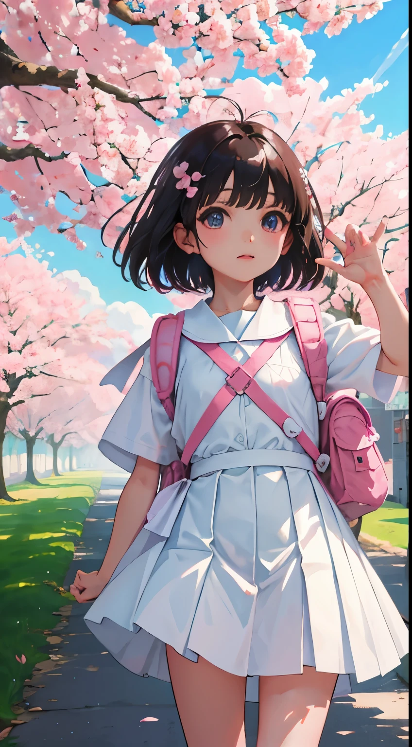 (child),(masterpiece,Highest Quality),(White rucksack),pink pleated miniskirt,shortsleeves,A dark-haired,Summer Classroom,The wind is blowing,A path lined with flourishing cherry blossom trees