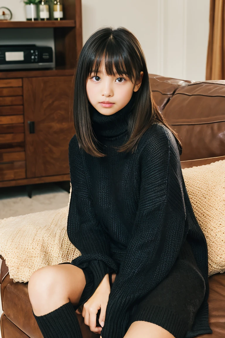 Beautiful girl wearing a turtleneck sweater、With bangs、Black hair straight long、Bruises、ar old、inside in room、sofas、(Wool miniskirt)、