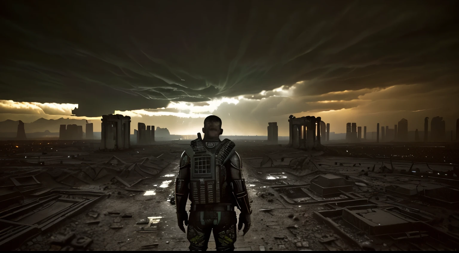 please maek a dystopian shot from a movie, APOCAYPSE, a cinematic scene of a man standing overlooking a massive apocalyptic wasteland, he is surrounded nearby by a FALLEN city of post apocalyptic ruins of a city once massive, cinematic image a from a massive budget movie, cinematic perfection photorealism perfection, a man standing overlooking a harsh post apocalypse, AFTERDARK APOCALYPSE, armageddon world of ruins and a great expanse, a wasteland area streaches out before him (mostly desert but ruins around him slowly fade into the darkness beyond, sky is dark) DARK STORMY CLOUDS (BUT IT IS CLEAR THE SCENE IS EASY TO SEE IN) were olde FIRES ARE OUT SMOLDERING BECAUSE OF RECENT RAIN, photoreali, photorealism perfection, in amazing detail full 8k hd, CLEAR (YOU CAN SEE EASILY BECASUE IT IS NO TOO DARK!), PHOTOREAL AFTERDARK APOCALYPSE, amazing lighting and photoreal from a game made in unreal engine 5.8 88K!