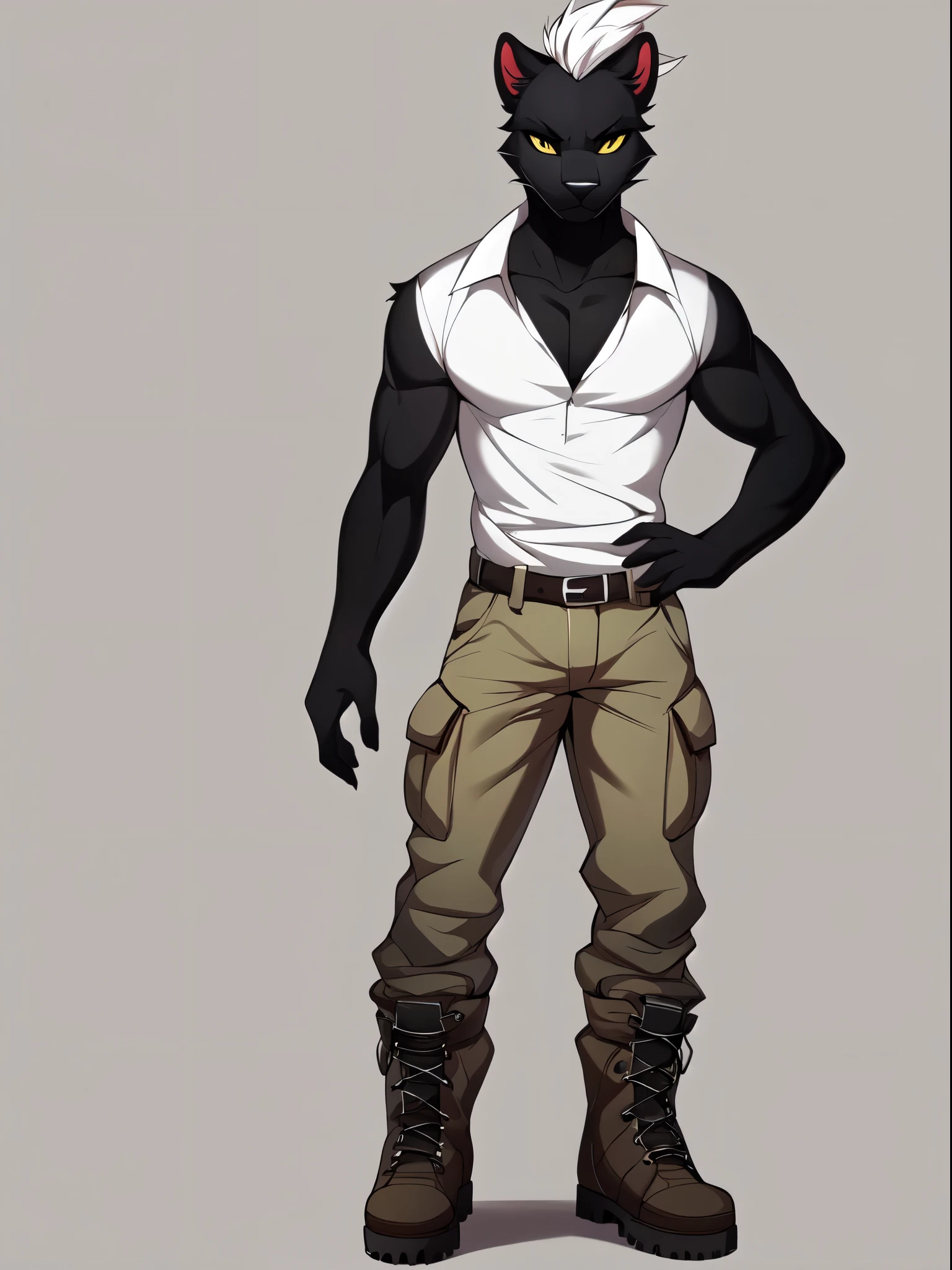 Solo:1.3, a tall muscular black panther boy, detailed yellow eyes, white sclera, white hair, faux hawk hair, black panther ears, wearing white polo shirt, khaki cargo pants, brown timberland boots, simple background, full body shot, feet visible, by hyattlen, by braeburned, by fumiko, full body shot, serious face, high resolution, standing, front view