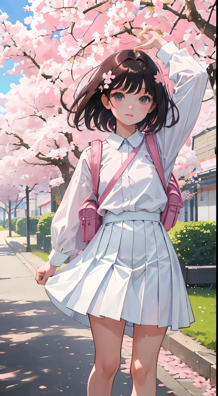 (child),(masterpiece,Highest Quality),pink pleated miniskirt,White rucksack,shortsleeves,A dark-haired,Summer Classroom,The wind is blowing,A path lined with flourishing cherry blossom trees