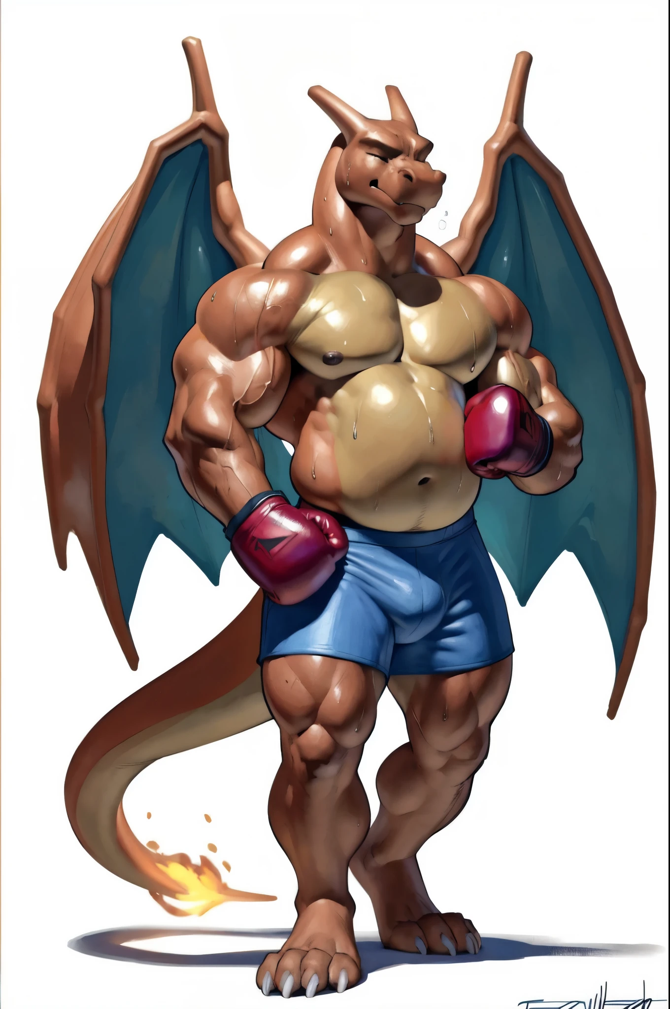 athletic charizard. 4k, high resolution, best quality, posted on e621, solo, anthro body, older male, masculine:1, male, very masculine, dense muscles (tough build):1.5, (correct anatomy):1, (white background, no background:1.2), (bare torso:1.1), scales, (wearing boxers, genital_outline:1.0), (blue boxing gloves, pair of wings, correct anatomy, bare paws, musclegut, (detailed eyes:1.2), sexy, (cel shaded:1.2), (sweat:1.5), visible breath, shiny muscles, sweat:1, cartoony shading, (watercolors:1.2), strong shadows, confident, proud, , (vascular, veins:1.1), (full body):1, sit, collapsed, panting, open muzzle, (by takemoto arashi, by meesh, by Taran Fiddler)
