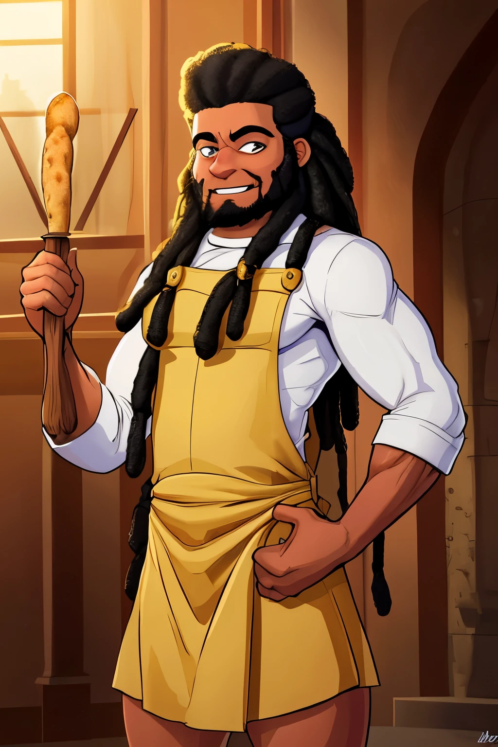 Original artistic quality baker's bread , imagem de JESUS DEUS, ,negro moreno mulato , corpo inteiro,cabelo afro jovem e bonito caindo para frente, Rasta, Disney character animation style, tipo, but braided, JESUS DEUS, standing posture, hands naturally placed on both sides, olhando para frente, soft smiling expression, olhos cheios de luz, luz de fundo azul, translucid, com luz como tema, the focus of light is on the characters, the overall picture is fresh and bright.