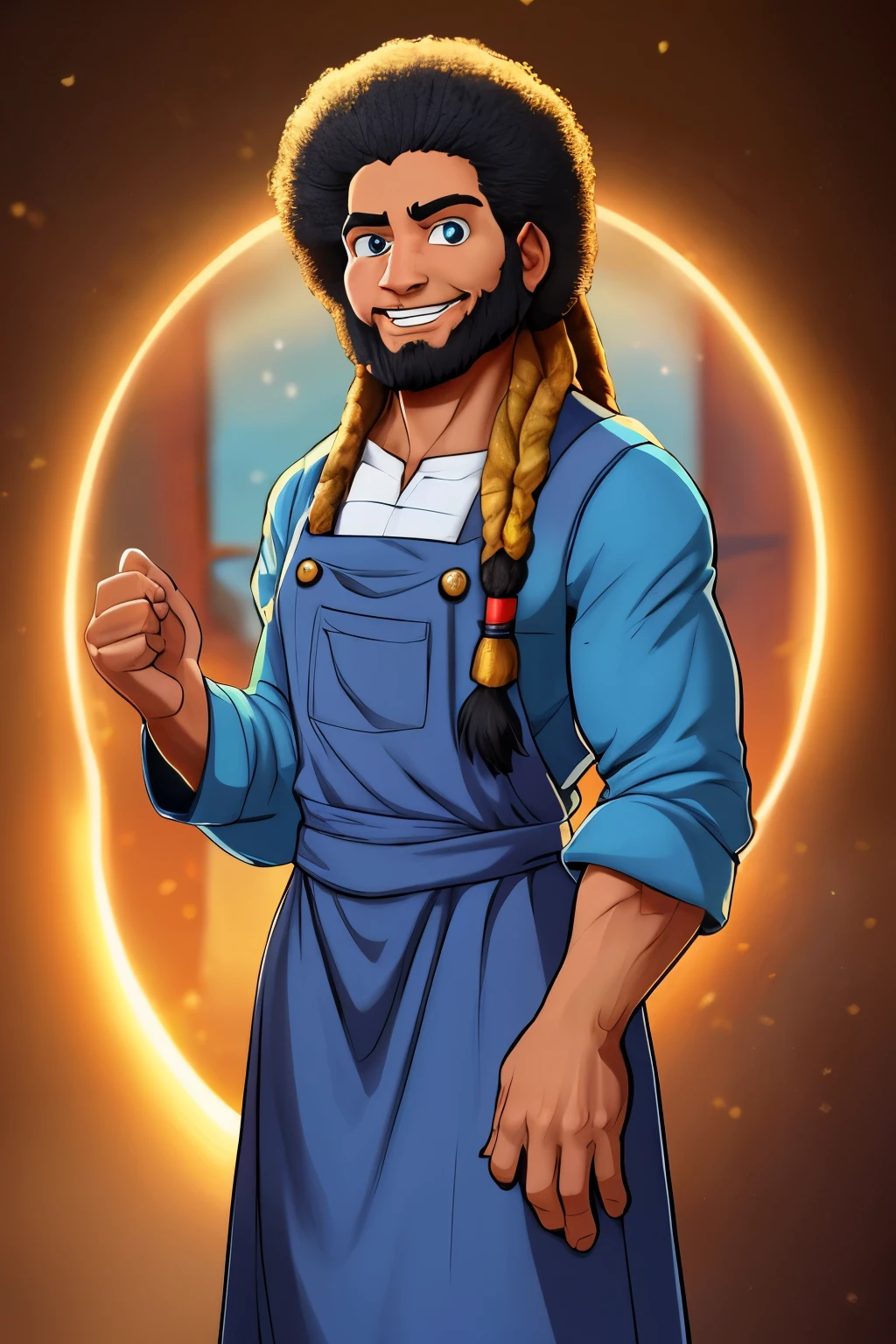 Original artistic quality baker&#39;s bread  , imagem de JESUS DEUS, ,negro moreno mulato , corpo inteiro,cabelo afro jovem e bonito caindo para frente, Rasta,  Disney character animation style, tipo, but braided, JESUS DEUS, standing posture, hands naturally placed on both sides, olhando para frente, soft smiling expression, olhos cheios de luz, luz de fundo azul, translucid, com luz como tema, the focus of light is on the characters, the overall picture is fresh and bright.