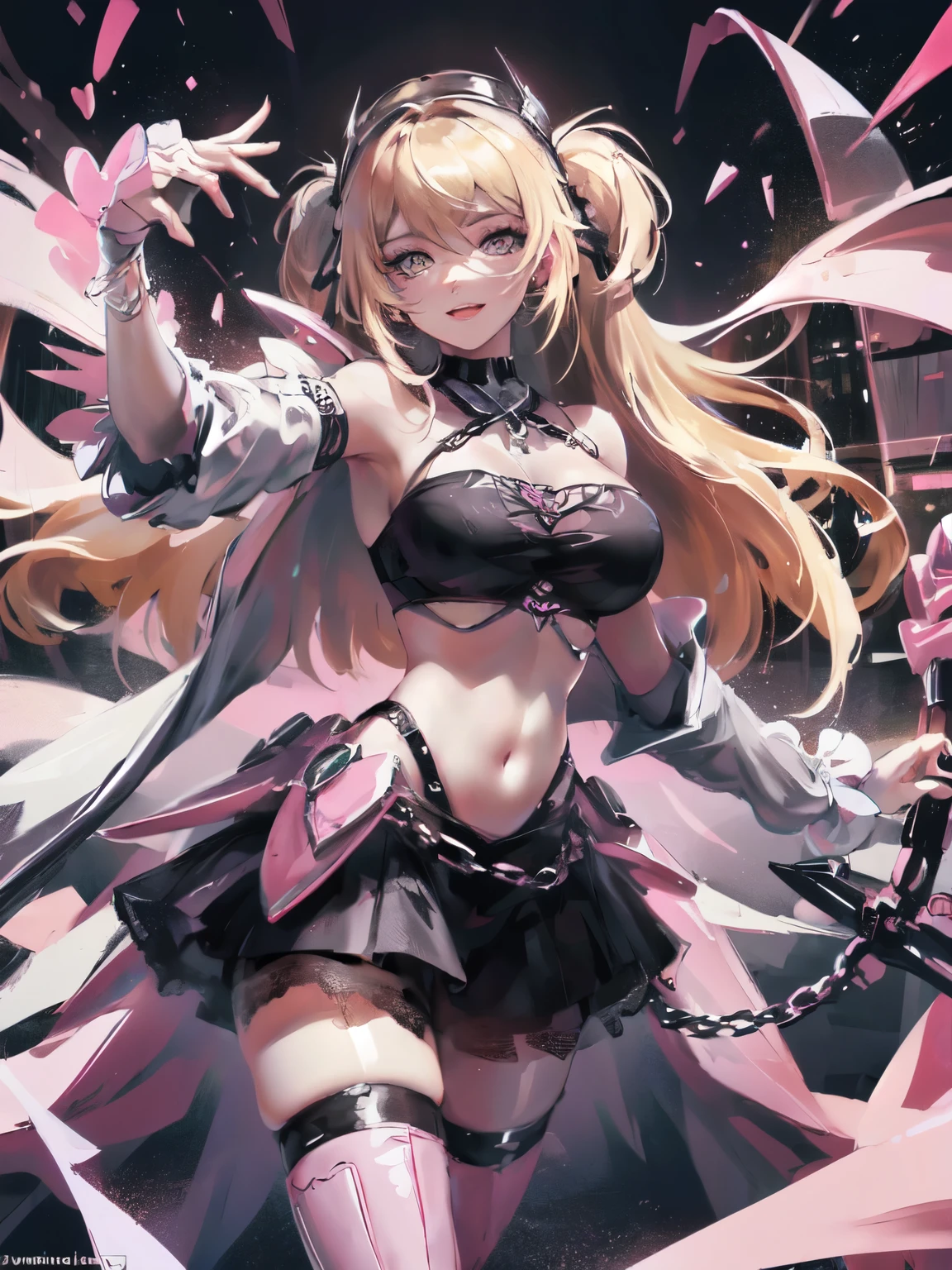 Blonde twintails, pink eyes, whole body, shining eyes, smile, choker, exposed belly button, heels