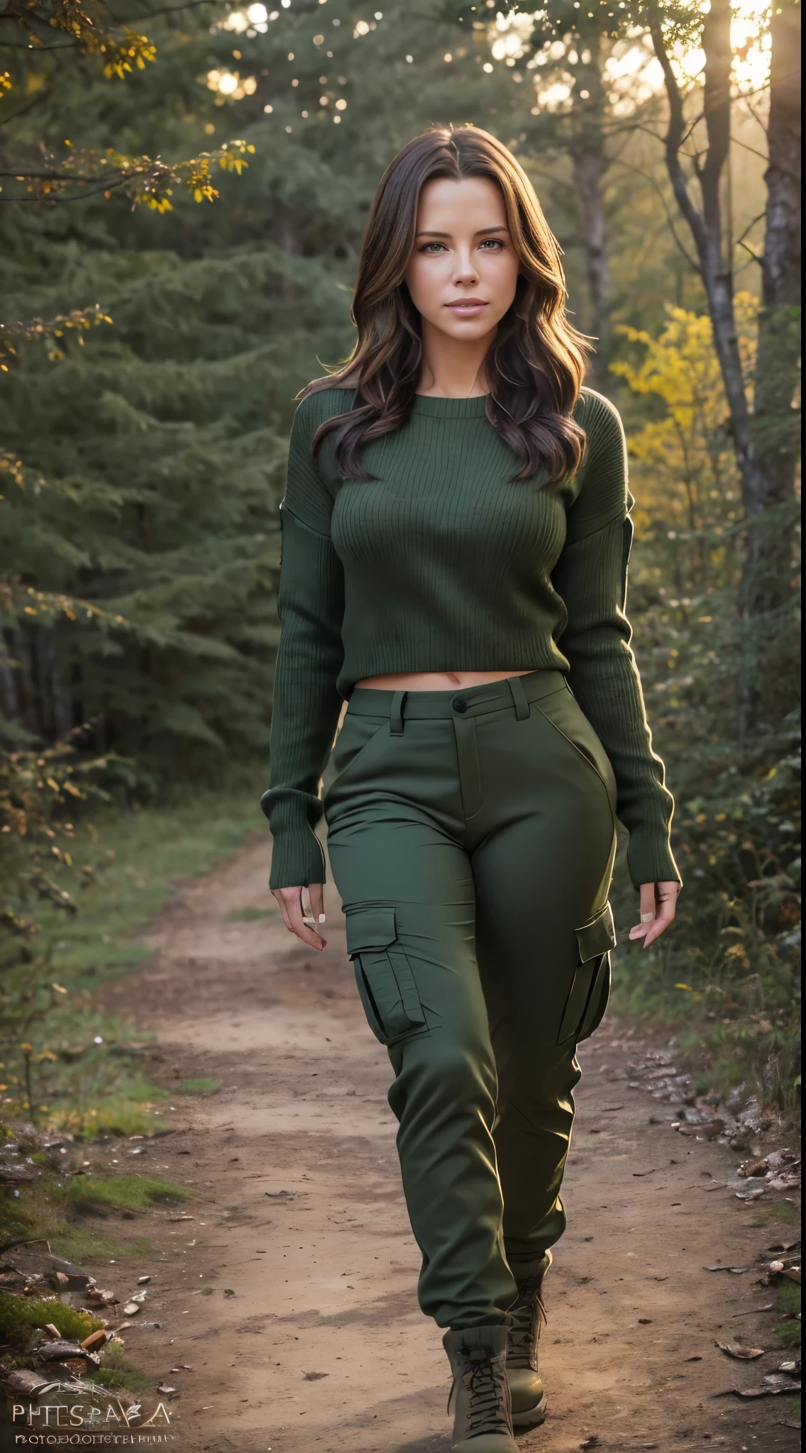Foto hiperrealista en primer plano de Kate Beckinsale, masterpiece, best quality, (photorealistic:1.4), full body, (army green winter Plus Size Long Sleeve Pullover casual Sweater:1.1), (army green cargo pants:1.2), fall hiking in the forest, romantic sunset, fall colors, cinematic light, beautiful woman, skinny, small breasts, straight brown hair, hair in a ponytail, detailed face, smile, photo taken from a distance, age 20 tears old