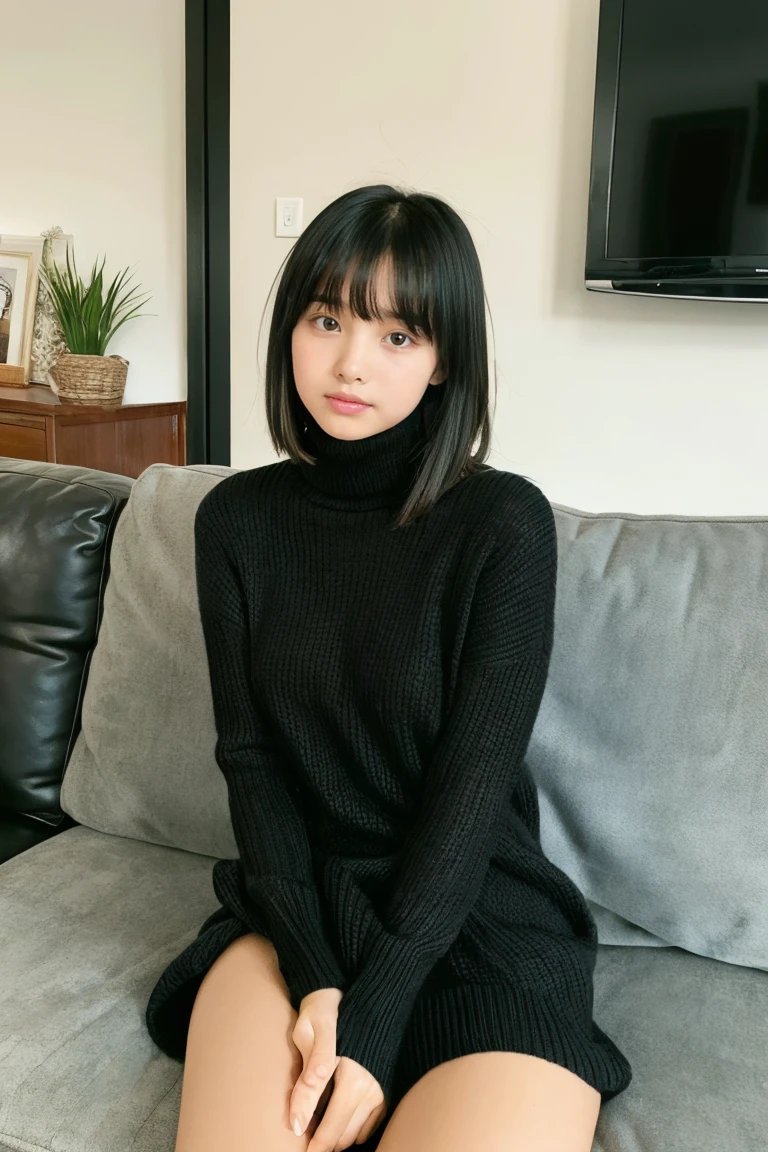 Beautiful girl wearing a turtleneck sweater、With bangs、Black hair straight short、Bruises、ar old、inside in room、sofas、(Wool miniskirt)、
