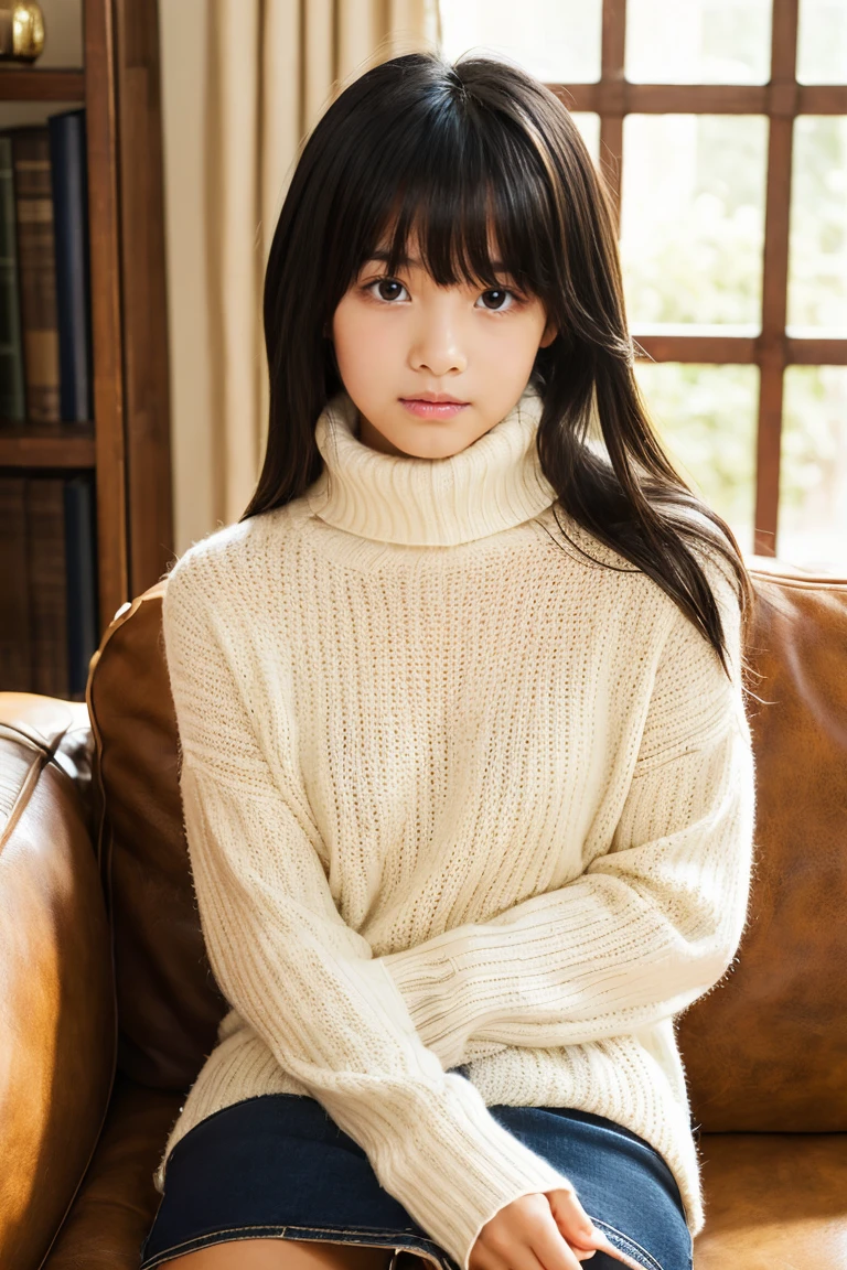 Beautiful girl wearing a turtleneck sweater、With bangs、Black hair straight short、Bruises、ar old、inside in room、sofas、(Wool miniskirt)、