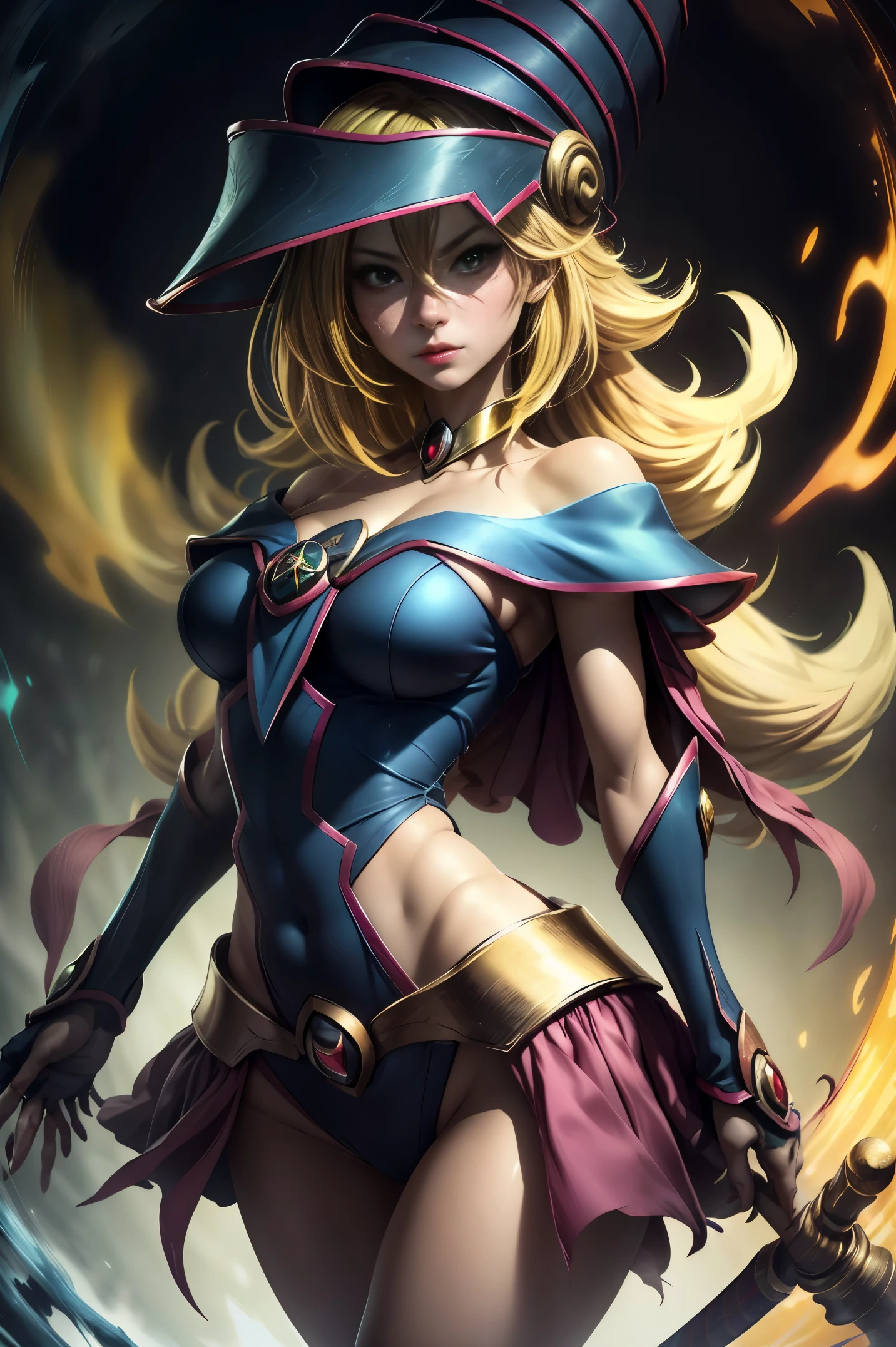 (8k,fotorrealista　Raw photography　highest qualityr;1.4) 　(1chica en)　super beauty　(cara realista)　cuerpo femenino 　(Rubia de rizos largos)　Hold a black and red magic wand　Escena de combate　Magic hat with black and gold exterior　Beautiful expression　Deslumbramiento　(Piel de aspecto real)　(Giles magos oscuros)　Tentador　超A high resolution　Un hiperrealista　Alto detalle　foto de cuerpo completo　restos