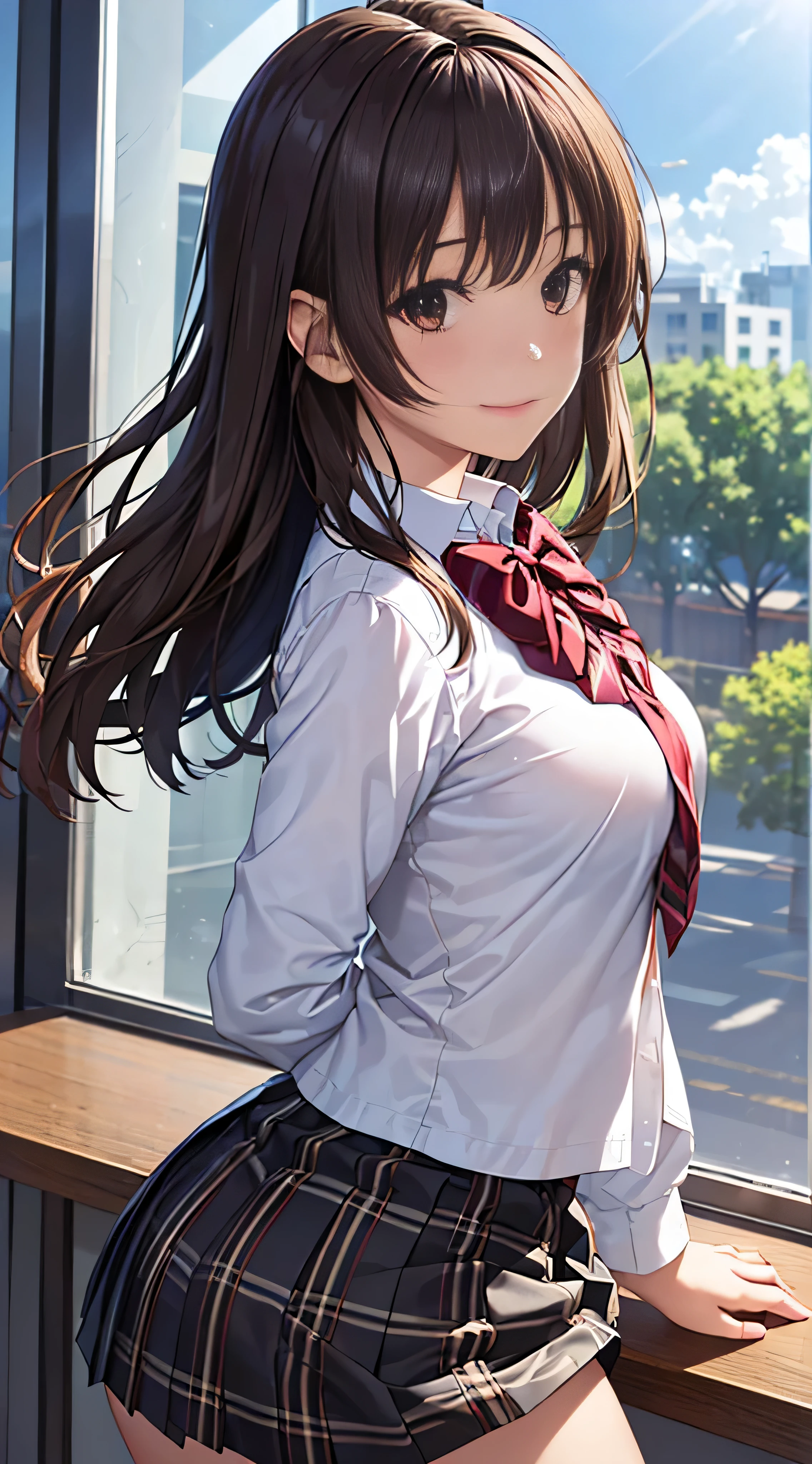 ((masutepiece, Best Quality, hight resolution, nffsw, Perfect Pixel,  4K, nffsw, nffsw))), 1girl in, Single, Solo, Beautie、full body seen、 ((Middle Wave Hair, Bangs, Brown hair)), ((Brown-eyed, Beautiful eyelashes, Realistic eyes)), ((Detailed face, Blushing:1.2)), ((Smooth texture:0.75, Realistic texture:0.65, Photorealistic:1.1, Anime CG style)), medium breasts, Dynamic Angle, Perfect body,  ((red bowtie, School uniform, , White shirt, Black skirt, plaid skirts)), High School Classroom、Looking out the window、Angle looking up from below、Very embarrassing panic smile, turned around、bending forward、(The wind flipped my skirt and exposed my butt..............................、Touching the buttocks with both hands、Pink lace panties)、