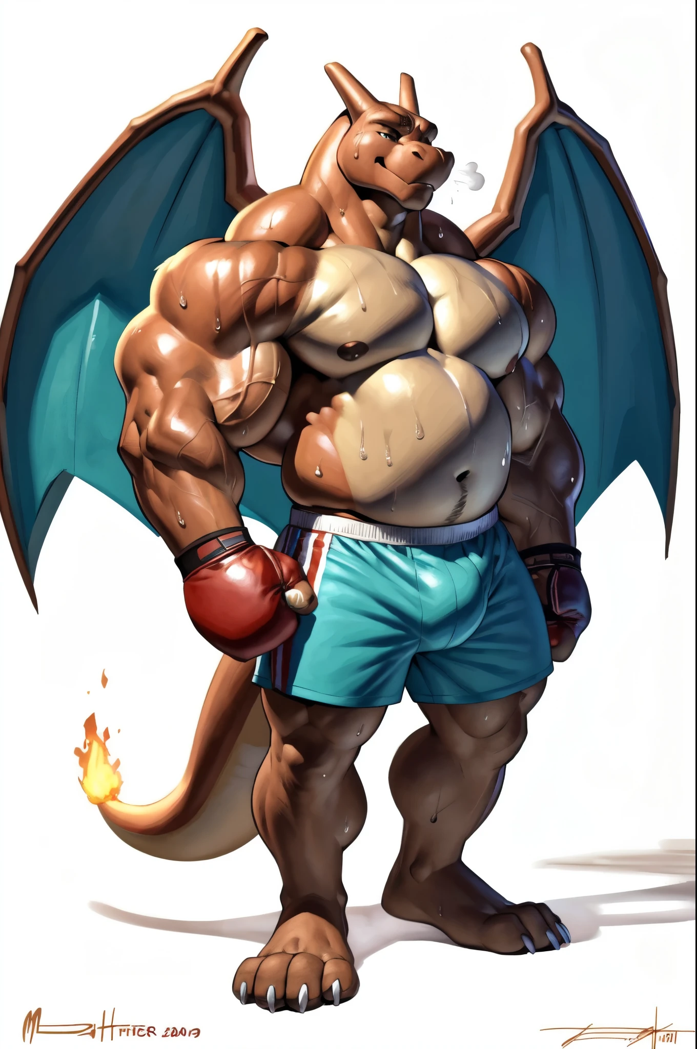 athletic charizard. 4k, high resolution, best quality, posted on e621, solo, anthro body, older male, masculine:1, male, very masculine, dense muscles (tough build):1.5, (correct anatomy):1, (white background, no background:1.2), (bare torso:1.1), scales, (wearing boxers, genital_outline), (blue boxing gloves, pair of wings, dragon tail, correct anatomy, bare paws, big paws, thick paws, musclegut, (detailed eyes:1.2), sexy, (cel shaded:1.2), (sweat:1.5), visible breath, shiny muscles, sweat:1, cartoony shading, (watercolors:1.2), strong shadows, confident, proud, , (vascular, veins:1.1), (full body):1, sit, collapsed, panting, open muzzle, (by takemoto arashi, by meesh, by Taran Fiddler)