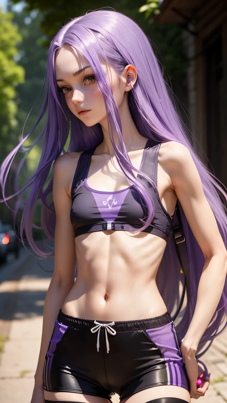 Girl with long thin purple hair, ah high, Skinny, beatiful face, sharp facial features, little chest, In bicycle shorts and a top, seen from behind