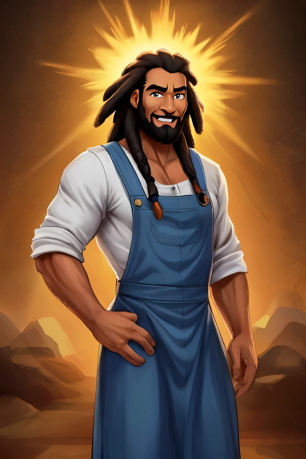 Original artistic quality baker&#39;bochen  , imagem de JESUS DEUS, ,negro moreno mulato , corpo inteiro,cabelo afro jovem e bonito caindo para frente, Rasta,  Disney character animation style, cara, but braided, JESUS DEUS, standing posture, hands naturally placed on both sides, olhando para frente, soft smiling expression, olhos cheios de luz, luz de fundo azul, translucid, com luz como tema, the focus of light is on the characters, the overall picture is fresh and bright.