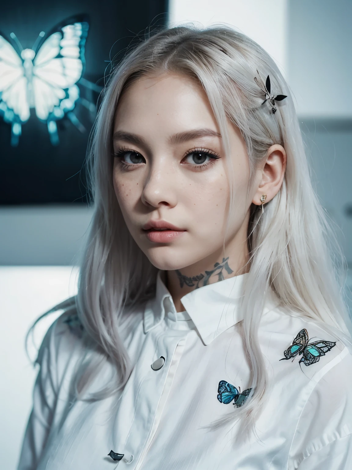 do a semi-realistic illustration of a woman. the woman will be an extremely albino white-haired long and straight, grey eyes and with dark makeup, her lashes will be white too, give her a black long sleeve blouse, small tattoos of butterflies and stars everywhere but her face, freckles on her cheeks and nose, in a ghotic party with ilumination, she is half asian half american, use the kpop star ROSÉ as a refference.