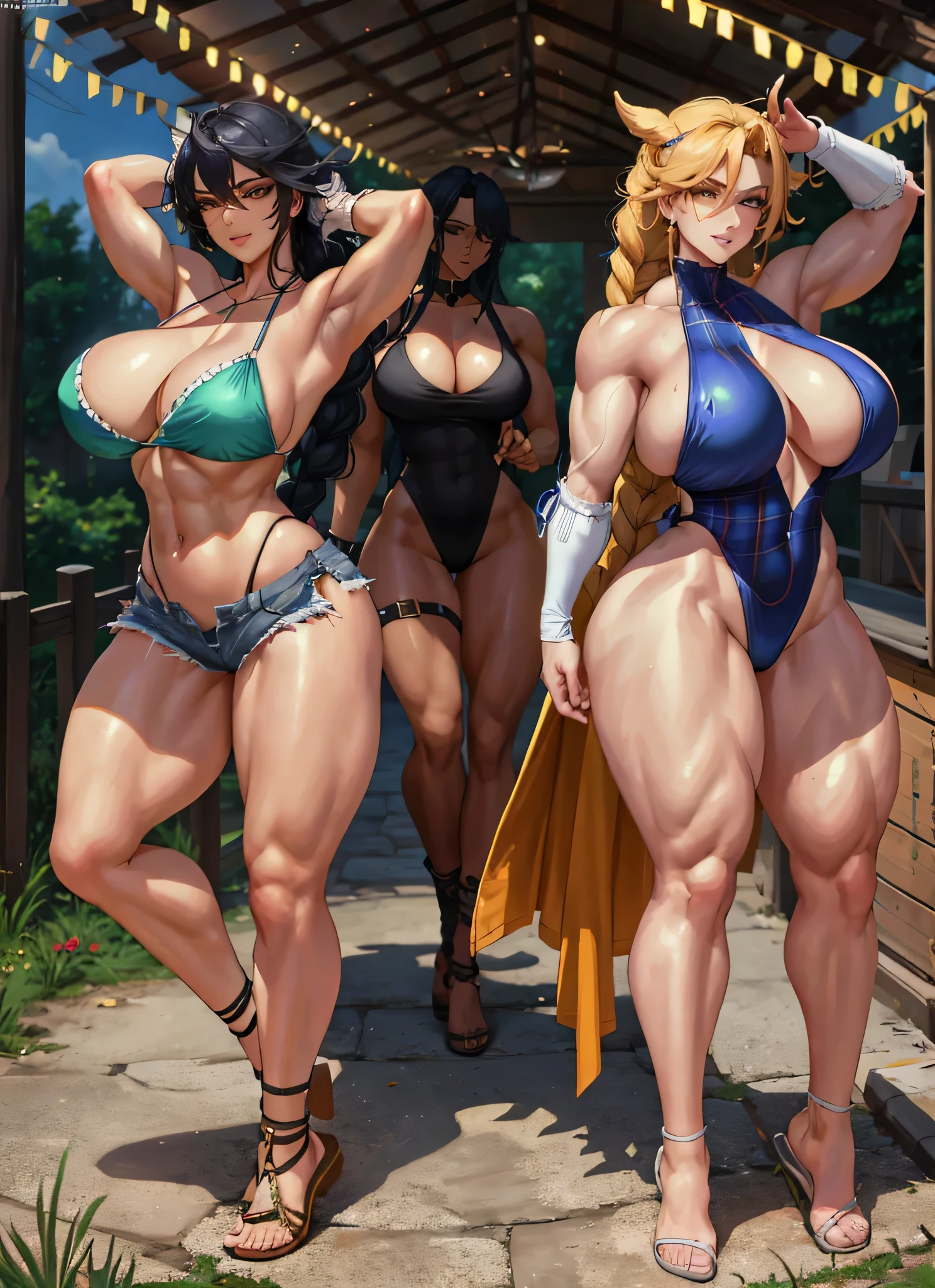 3 girls, beautiful, perfect lighting, muscular, thick thighs, mature woman, milf, navel, abdomen, looking at the viewer (masterpiece, high quality: 1.1), braid, , short shorts, plaid shirt, skindentation, neckline, smile, thicc, kupocun, cel-shaded art style, in fighter poses, highly detailed exquisite fanart, female protagonist 👀 :8,  Commission for high resolution, fighter pose, full body, huge tits, cleavage, sexy, topless