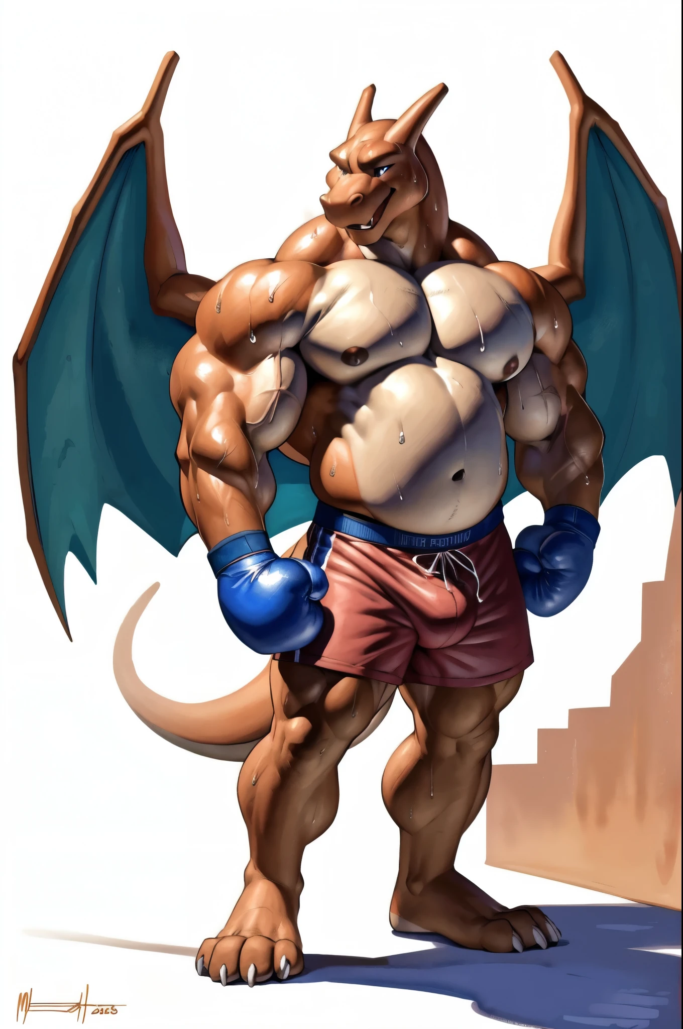 athletic charizard. 4k, high resolution, best quality, posted on e621, solo, anthro body, older male, masculine:1, male, very masculine, dense muscles (tough build):1.5, (correct anatomy):1, (white background, no background:1.2), (bare torso:1.1), scales, (wearing boxers, genital_outline), (blue boxing gloves, pair of wings, dragon tail, correct anatomy, bare paws, big paws, thick paws, musclegut, (detailed eyes:1.2), sexy, (cel shaded:1.2), (sweat:1.5), visible breath, shiny muscles, sweat:1, cartoony shading, (watercolors:1.2), strong shadows, confident, proud, , (vascular, veins:1.1), (full body):1, sit, collapsed, panting, open muzzle, (by takemoto arashi, by meesh, by Taran Fiddler)