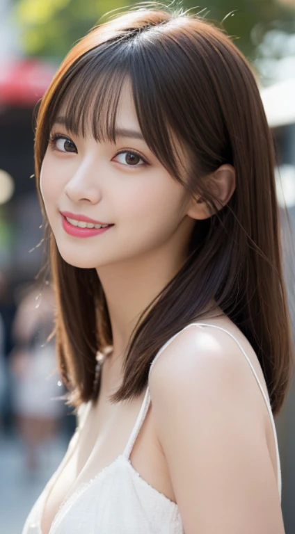 masutepiece, Best Quality, Illustration, Ultra-detailed, finely detail, hight resolution, 8K Wallpaper, Perfect dynamic composition, Beautiful detailed eyes, Women's Fashion Summer,Medium Hair,Small breasts natural color lip, Bold sexy poses,Smile,Harajuku、20 years girl、Cute、Sexy shot looking at camera