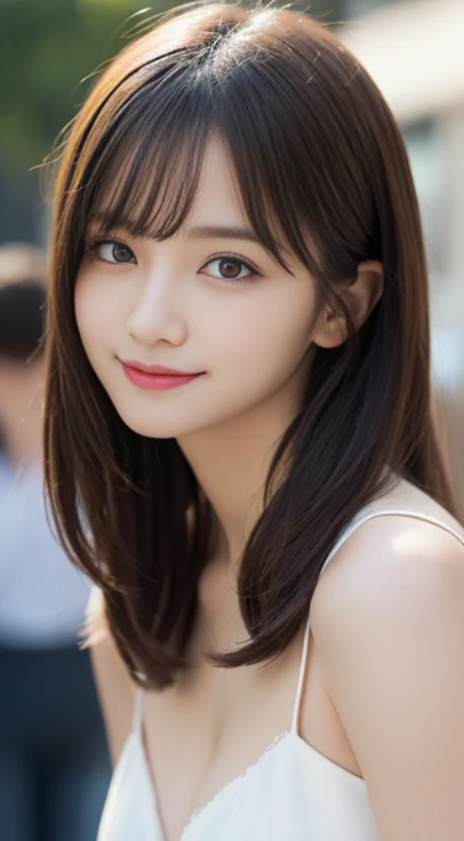 masutepiece, Best Quality, Illustration, Ultra-detailed, finely detail, hight resolution, 8K Wallpaper, Perfect dynamic composition, Beautiful detailed eyes, Women's Fashion Summer,Medium Hair,Small  natural color lip, Bold  poses,Smile,Harajuku、20 years girl、Cute、Sexy shot looking at camera