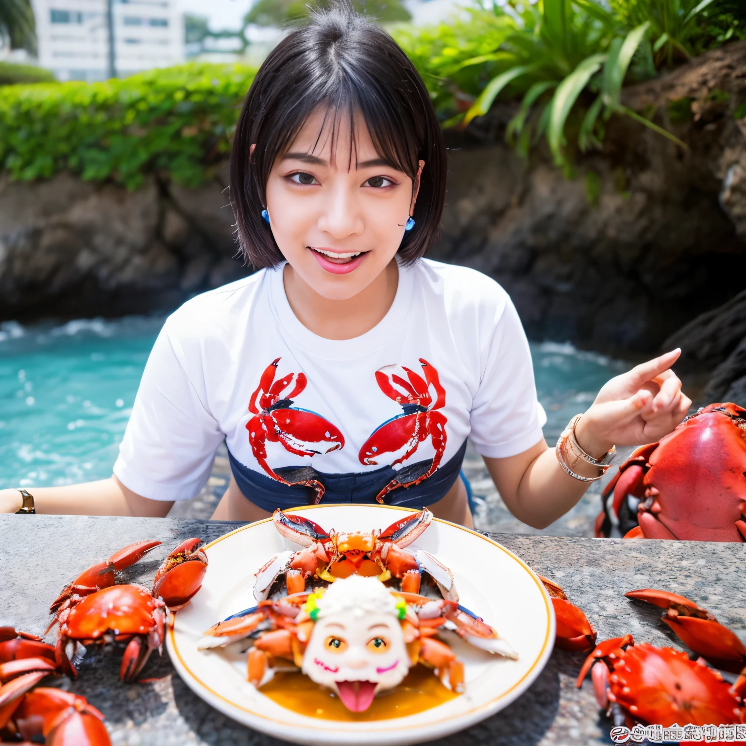 Beautiful woman with ahegao face and crab crotch