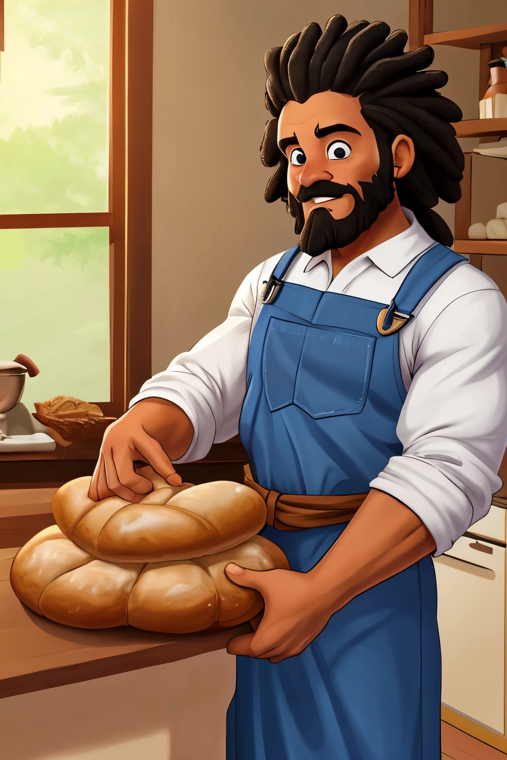 teaching your to make bread. in a furnaceOriginal artistic quality baker's bread , imagem de JESUS DEUS, ,negro moreno mulato , corpo inteiro,cabelo afro jovem e bonito caindo para frente, Rasta, Disney character animation style, tipo, but braided, JESUS DEUS, standing posture, hands naturally placed on both sides, olhando para frente, soft smiling expression, olhos cheios de luz, luz de fundo azul, translucid, com luz como tema, the focus of light is on the characters, the overall picture is fresh and bright.