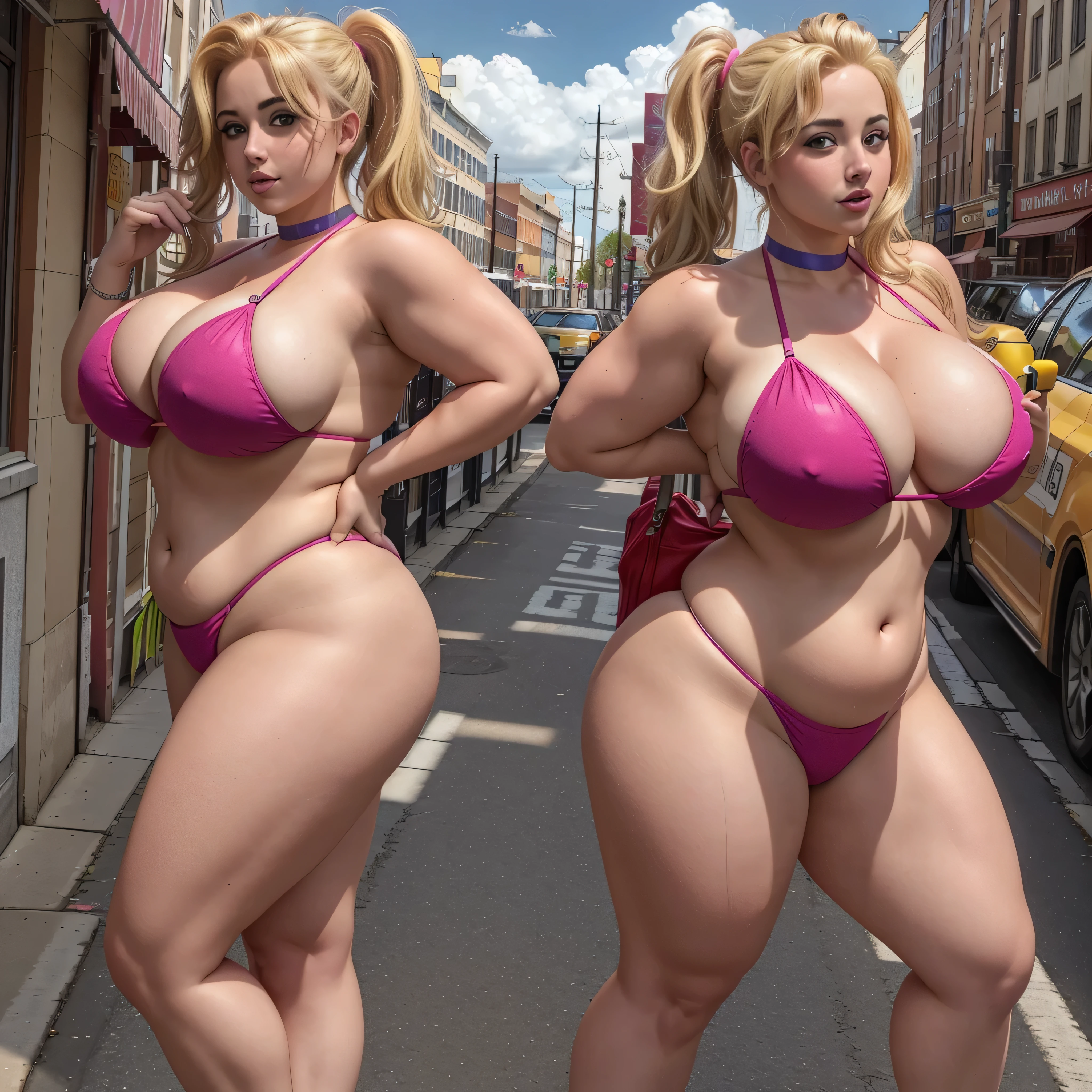 DSLR RAW filmgrain photo, shot on iphone, photography, edited in Adobe Lightroom, fat girl voluptuous, massive breasts, breast focus, 1girl, underboob, sideboob, braless, neon colors bikini with fishnets and platform sandals, city, sky, vivid blonde hair in pigtails, harely quinn