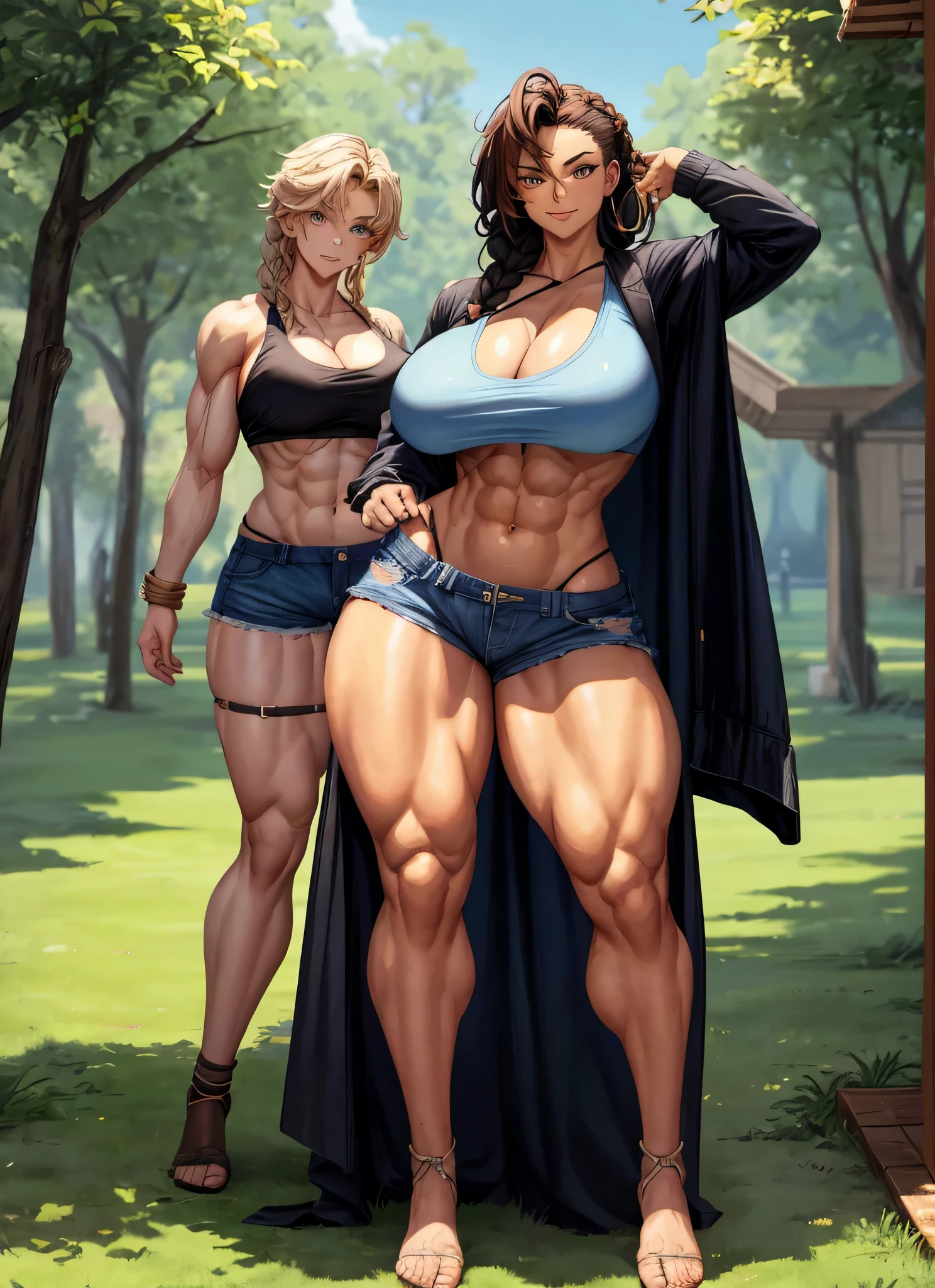 3 girls, beautiful, perfect lighting, muscular, thick thighs, mature woman, milf, navel, abdomen, looking at the viewer (masterpiece, high quality: 1.1), braid, , short shorts, plaid shirt, skindentation, neckline, smile, thicc, cutesexyrobutts, cel-shaded art style, in fighter poses, highly detailed exquisite fanart, female protagonist 👀 :8, Commission for high resolution, fighter pose, full body, huge tits, cleavage, sexy, topless