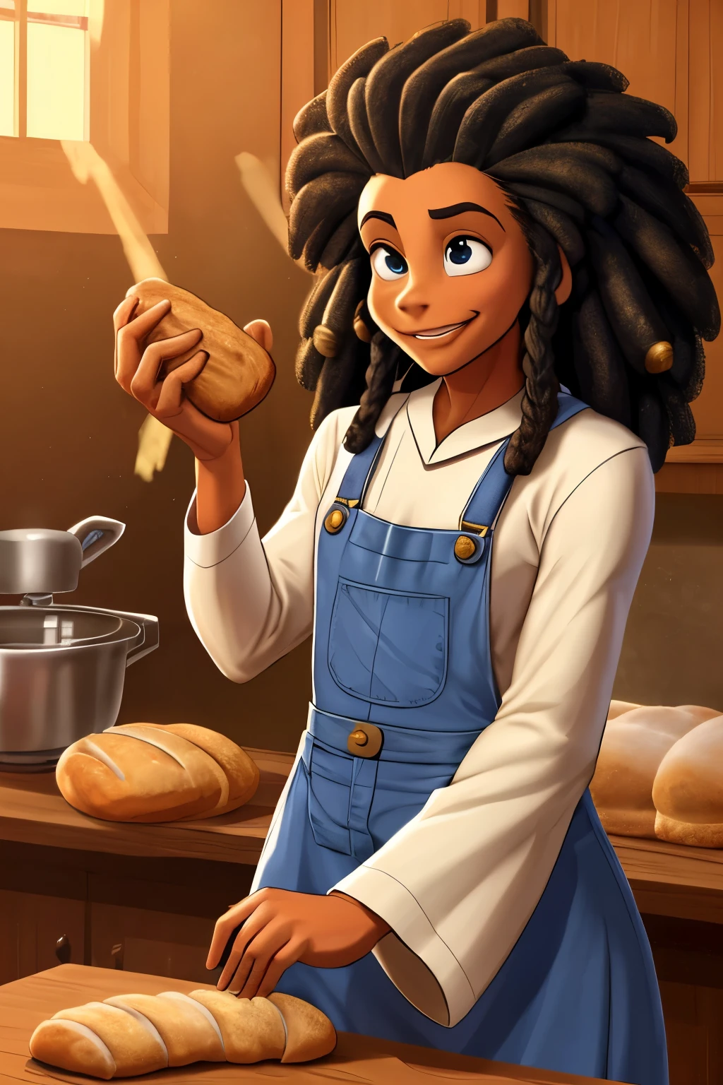 teaching your child to make bread. in a furnaceOriginal artistic quality baker's bread , imagem de JESUS DEUS, ,negro moreno mulato , corpo inteiro,cabelo afro jovem e bonito caindo para frente, Rasta, Disney character animation style, tipo, but braided, JESUS DEUS, standing posture, hands naturally placed on both sides, olhando para frente, soft smiling expression, olhos cheios de luz, luz de fundo azul, translucid, com luz como tema, the focus of light is on the characters, the overall picture is fresh and bright.