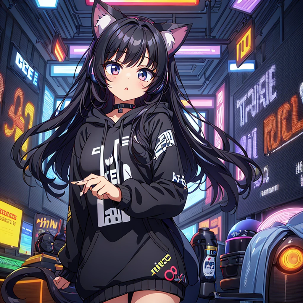 1girl, beautiful girl, very long very curly black hair, hazel big shiny eyes, cute cat ears , wearing gaming hoodie written on it “ Aseel “ , wearing sweatshirt, she is a gamer , wearing headset, gamer room, PlayStation games, funny hot girl , high res, ultrasharp, 8K, masterpiece, looking directly to the front