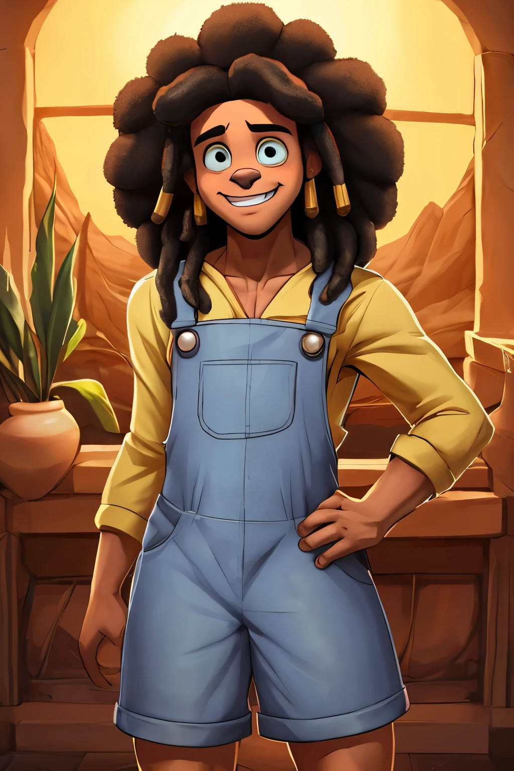 ensinando seu filho a fazer bochen. in ovenBaker original of artistic quality&#39;bochen  , imagem de JESUS DEUS, ,negro moreno mulato , corpo inteiro,cabelo afro jovem e bonito caindo para frente, Rasta,  Disney character animation style, cara, but braided, JESUS DEUS, standing posture, hands naturally placed on both sides, olhando para frente, soft smiling expression, olhos cheios de luz, luz de fundo azul, translucid, com luz como tema, the focus of light is on the characters, the overall picture is fresh and bright.