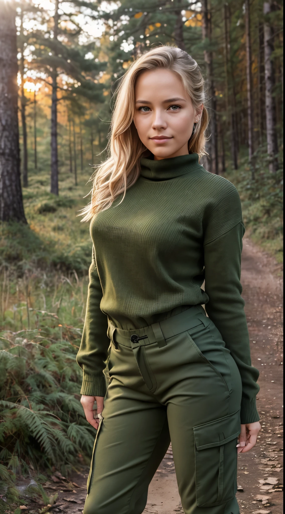 Foto hiperrealista en primer plano de 20 years old Maria Bello, masterpiece, best quality, (photorealistic:1.4), full body, (army green winter Plus Size Long Sleeve Pullover casual Sweater:1.1), (army green cargo pants:1.2), fall hiking in the forest, romantic sunset, fall colors,  cinematic light, beautiful woman, skinny, small breasts, straight blond hair, hair in a ponytail, detailed face, smile, photo taken from a distance, age 20 tears old