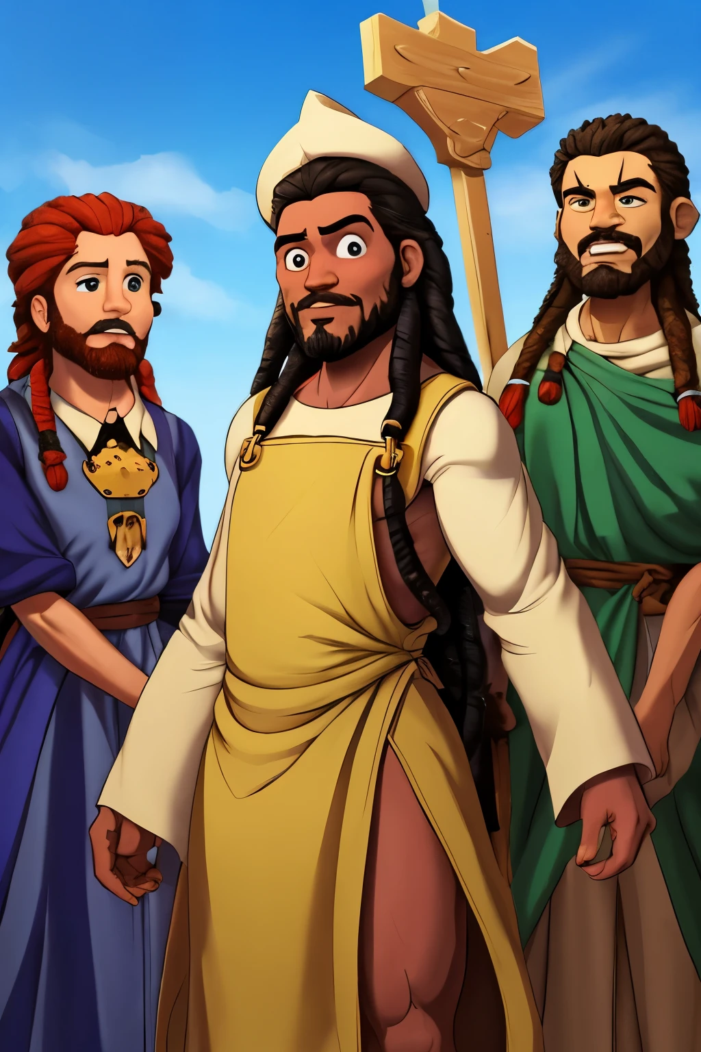 ensinando seu filho a fazer bochen. in ovenBaker original of artistic quality&#39;bochen  , imagem de JESUS DEUS, ,negro moreno mulato , corpo inteiro,cabelo afro jovem e bonito caindo para frente, Rasta,  Disney character animation style, cara, but braided, JESUS DEUS, standing posture, hands naturally placed on both sides, olhando para frente, soft smiling expression, olhos cheios de luz, luz de fundo azul, translucid, com luz como tema, the focus of light is on the characters, the overall picture is fresh and bright.