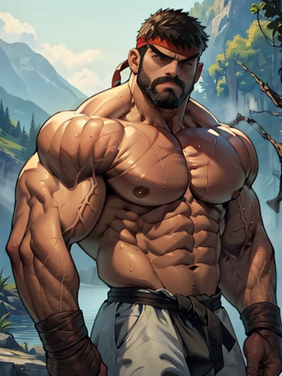 3D Photorealistic, Masterpiece realistic, best high quality, perfect details, RAW Photo, intricate details, nice lighting, 4K, detailed background, (excessive huge muscle:1.6), (huge buff muscle:1.4), (veiny muscle:1.2), ryu from street fighter, hot beard, fighter, lightning eye, well built abs, muscular , nipple, sweat, blood, steam, red glove, posing, (look at viewer:1.2), huge bulge, loser pose, details physic muscle