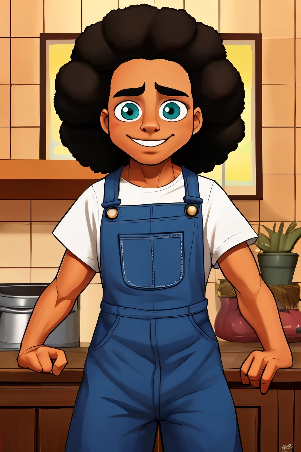 ensinando seu filho a fazer bochen. in ovenBaker original of artistic quality'bochen , imagem de JESUS DEUS, ,negro moreno mulato , corpo inteiro,cabelo afro jovem e bonito caindo para frente, Rasta, Disney character animation style, cara, but braided, JESUS DEUS, standing posture, hands naturally placed on both sides, olhando para frente, soft smiling expression, olhos cheios de luz, luz de fundo azul, translucid, com luz como tema, the focus of light is on the characters, the overall picture is fresh and bright.