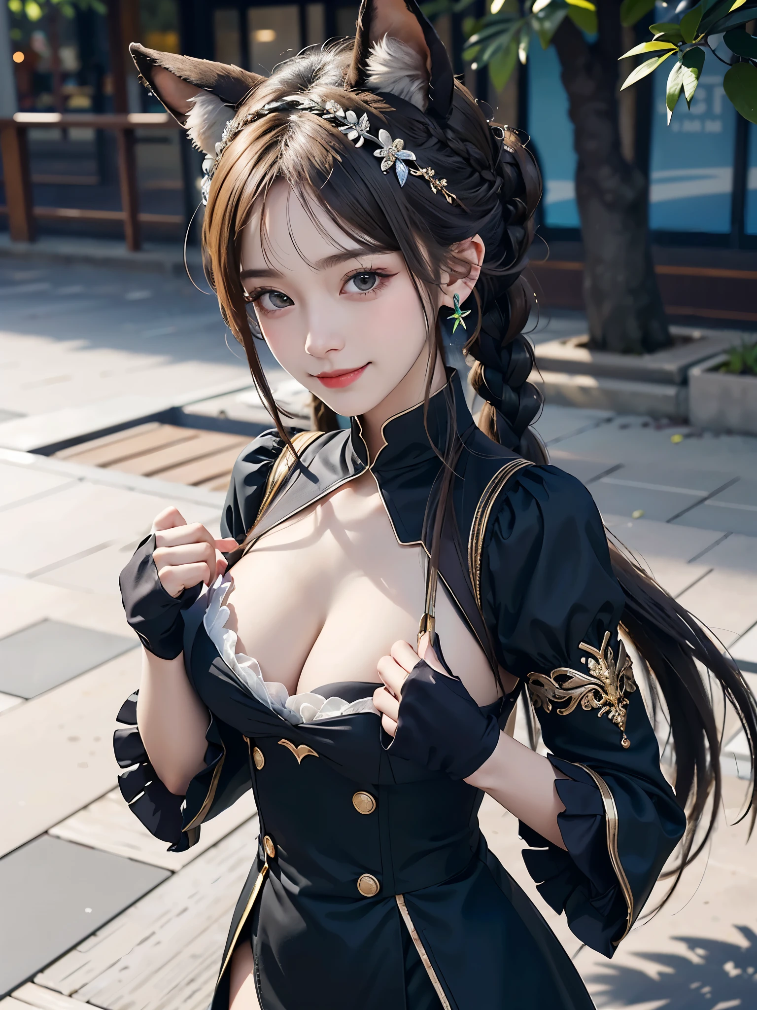 Outdoors, 1 girl, View from above, Upper body, Henri, Long hair, half updo, braid, hair between eye, Animal ears, ear ornament, Horse tail, large full breasts, frilld, Black Ascot, Green dress, (sleeves past wrists:1.2), black thighhighs, upward looking gaze, Smile