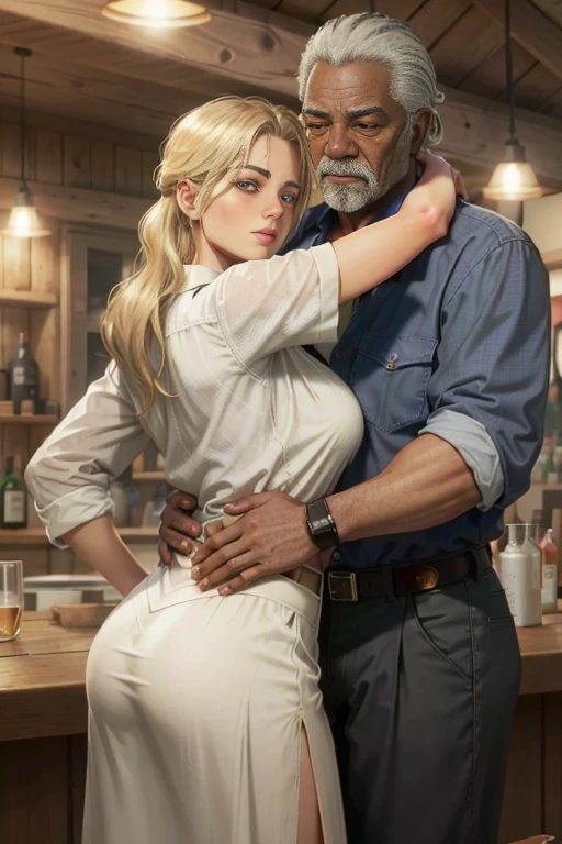 (master part, best quality:1.3) 
RDRAbigail, 1 beautiful sexy blonde girl with a big ass hugging a 90 year old black man, cabelos longos, Realistic, tiro completo , bar na cobertura, Noite, lively and energetic with a mix of natural and arteificial light 4k, 8k, trending on artestation, arte