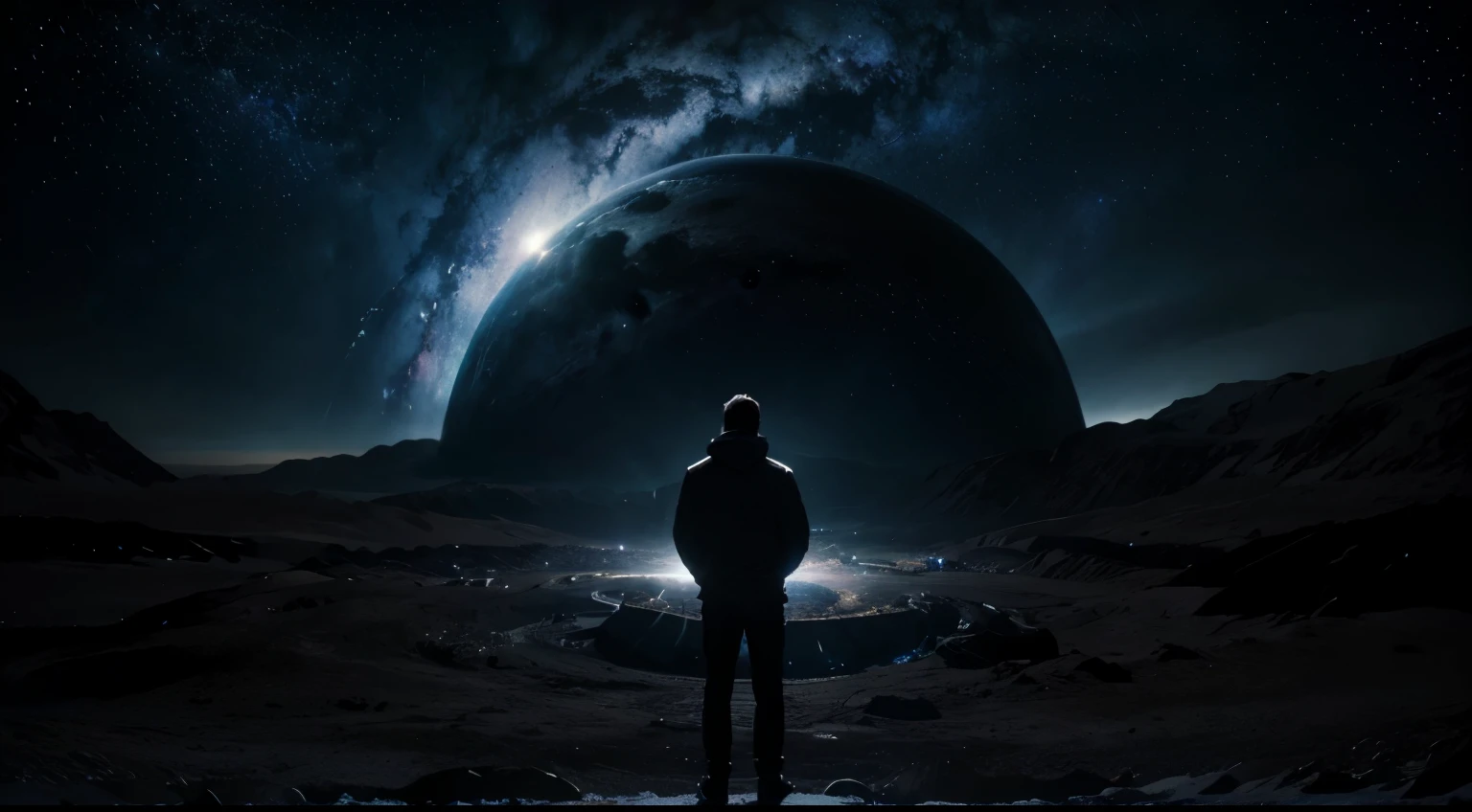 A man standing, observing a black hole in the night sky, 

illustration, 

best quality, highres, ultra-detailed, realistic:1.37, HDR, 

night scene, galaxy background, 

mysterious atmosphere, 

amazing cosmic spectacle, 

intense curiosity, 

deep space exploration, 

scientific discovery, 

vivid colors, 

studio lighting