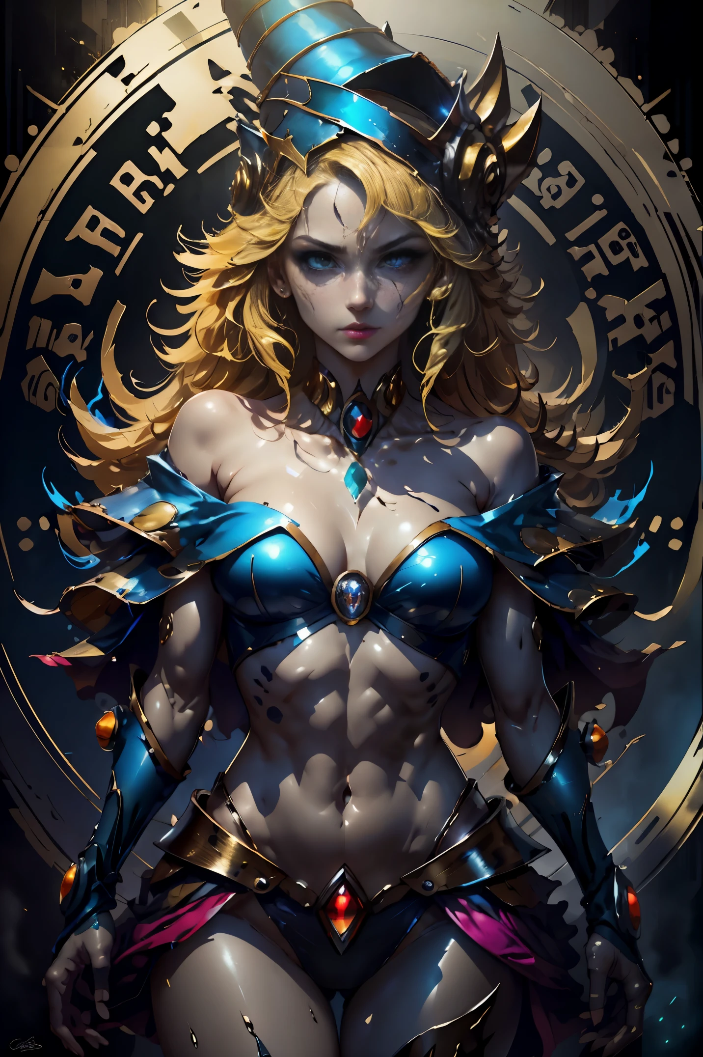 (8k,fotorrealista Raw photography highest qualityr;1.4) (1chica en) super beauty (cara realista) cuerpo femenino (Rubia de rizos largos) Hold a black and red magic wand Escena de combate Magic hat with black and gold exterior Beautiful expression Deslumbramiento (Piel de aspecto real) (Giles magos oscuros) Tentador 超A high resolution Un hiperrealista Alto detalle foto de cuerpo completo restos