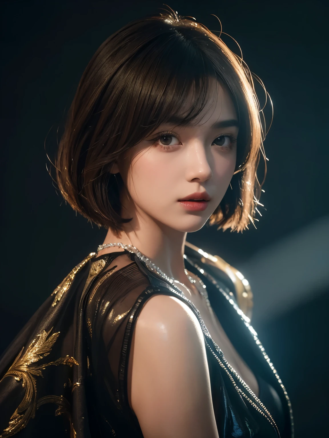 (Best quality, 8k, 32k, Masterpiece, UHD:1.2) "Produce a captivating art piece featuring a girl with a stylish bob haircut, illuminated by dramatic and cinematic lighting that accentuates the contours of her face and hair. Create an atmosphere that exudes intrigue and depth, with shadows and highlights playing a central role in defining the scene. The lighting should emphasize the girl's features and add an extra layer of drama to the composition, making it visually striking and evoking a sense of mystery and allure."