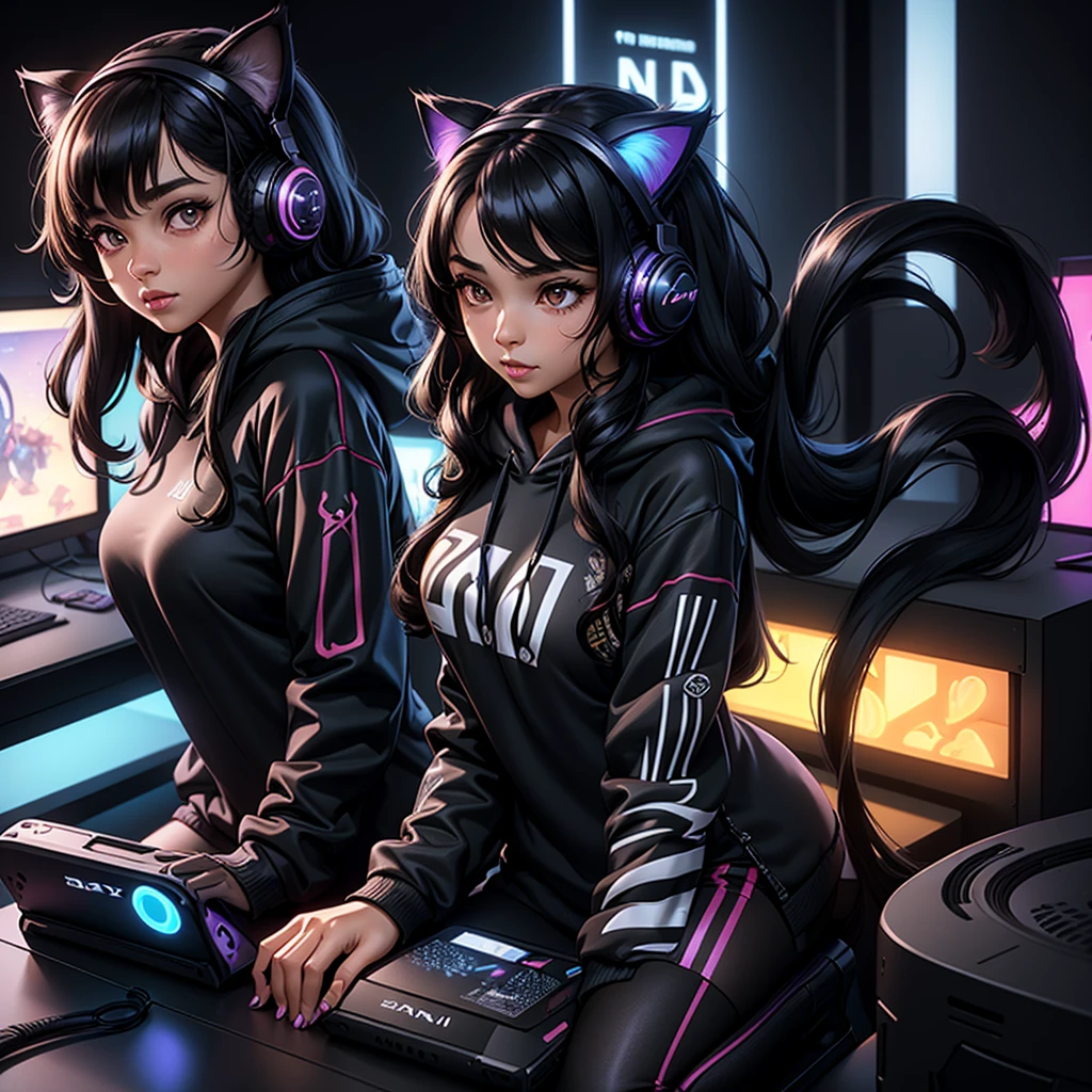 1girl, beautiful girl, very long very curly black hair, hazel big shiny eyes, cute cat ears , wearing gaming hoodie written on it “ Aseel “ , wearing sweatshirt, she is a gamer , wearing headset, gamer room, PlayStation games, funny hot girl , high res, ultrasharp, 8K, masterpiece, looking directly to the front