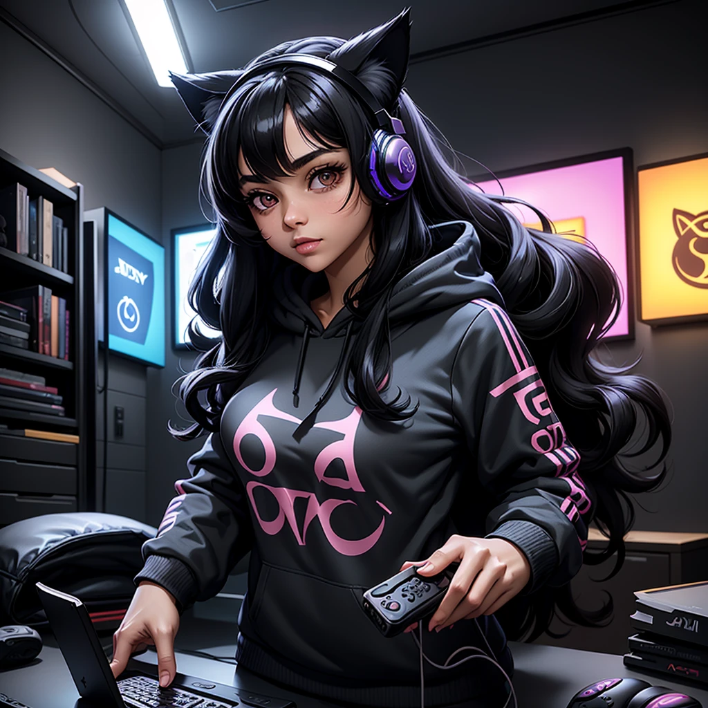 1girl, beautiful girl, very long very curly black hair, hazel big shiny eyes, cute cat ears , wearing gaming hoodie written on it “ Aseel “ , wearing sweatshirt, she is a gamer , wearing headset, gamer room, PlayStation games, funny hot girl , high res, ultrasharp, 8K, masterpiece, looking directly to the front