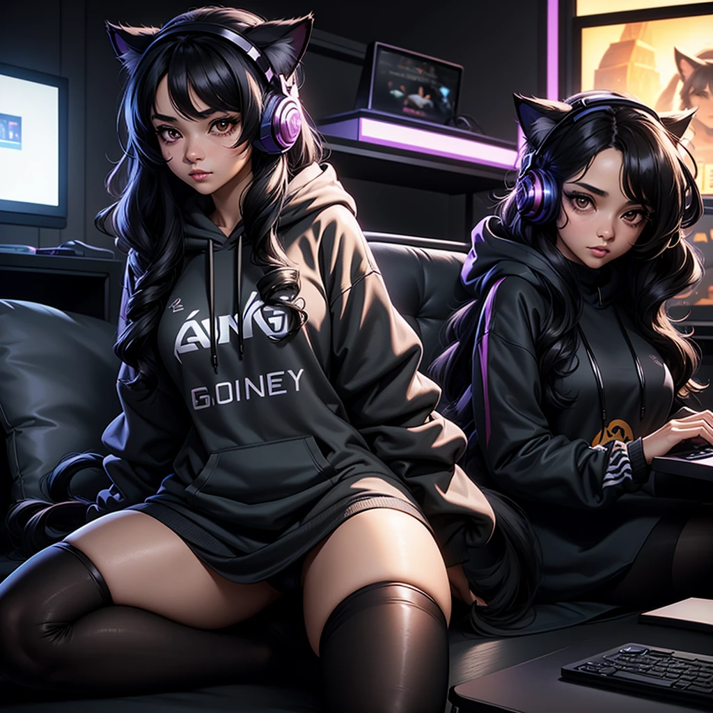 1girl, beautiful girl, very long very curly black hair, hazel big shiny eyes, cute cat ears , wearing gaming hoodie written on it “ Aseel “ , wearing sweatshirt, she is a gamer , wearing headset, gamer room, PlayStation games, funny hot girl , high res, ultrasharp, 8K, masterpiece, looking directly to the front