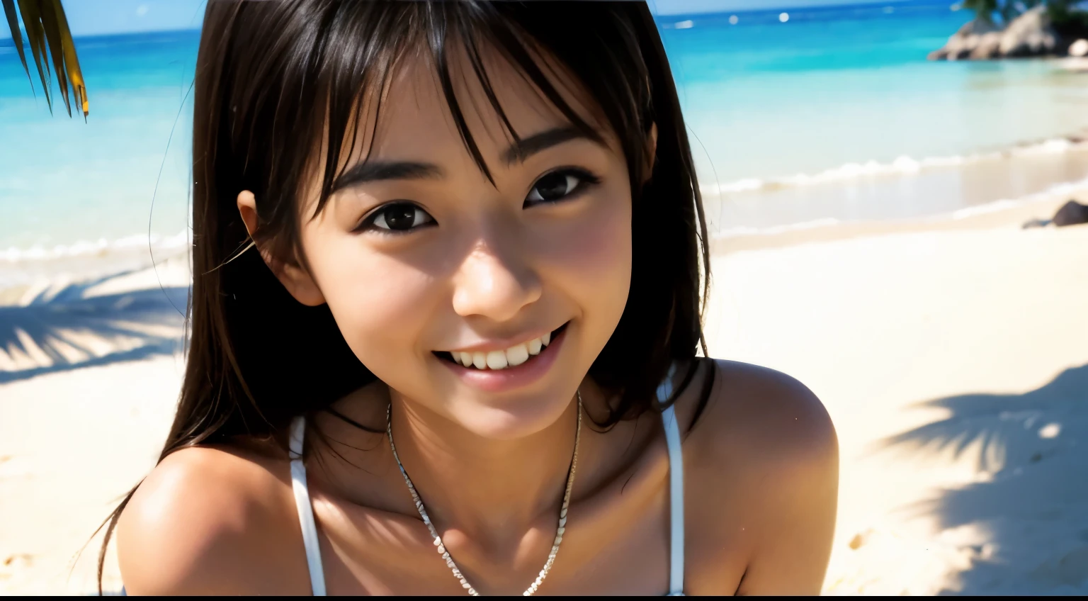 one girl, Japanese high school student, (a beauty girl, delicate girl:1.3), (16 years old, gal:1.3), (swim wear:1.2), very fine eye definition, (symmetrical black eyes:1.3), stare at the camera, A big smile, show teeth, (beach side view:1.2), small breasts, brown short hair, girl, (eyes and faces with detailed:1.5), (masterpiece, best quality, ultra detailed, detailed face, 8k),