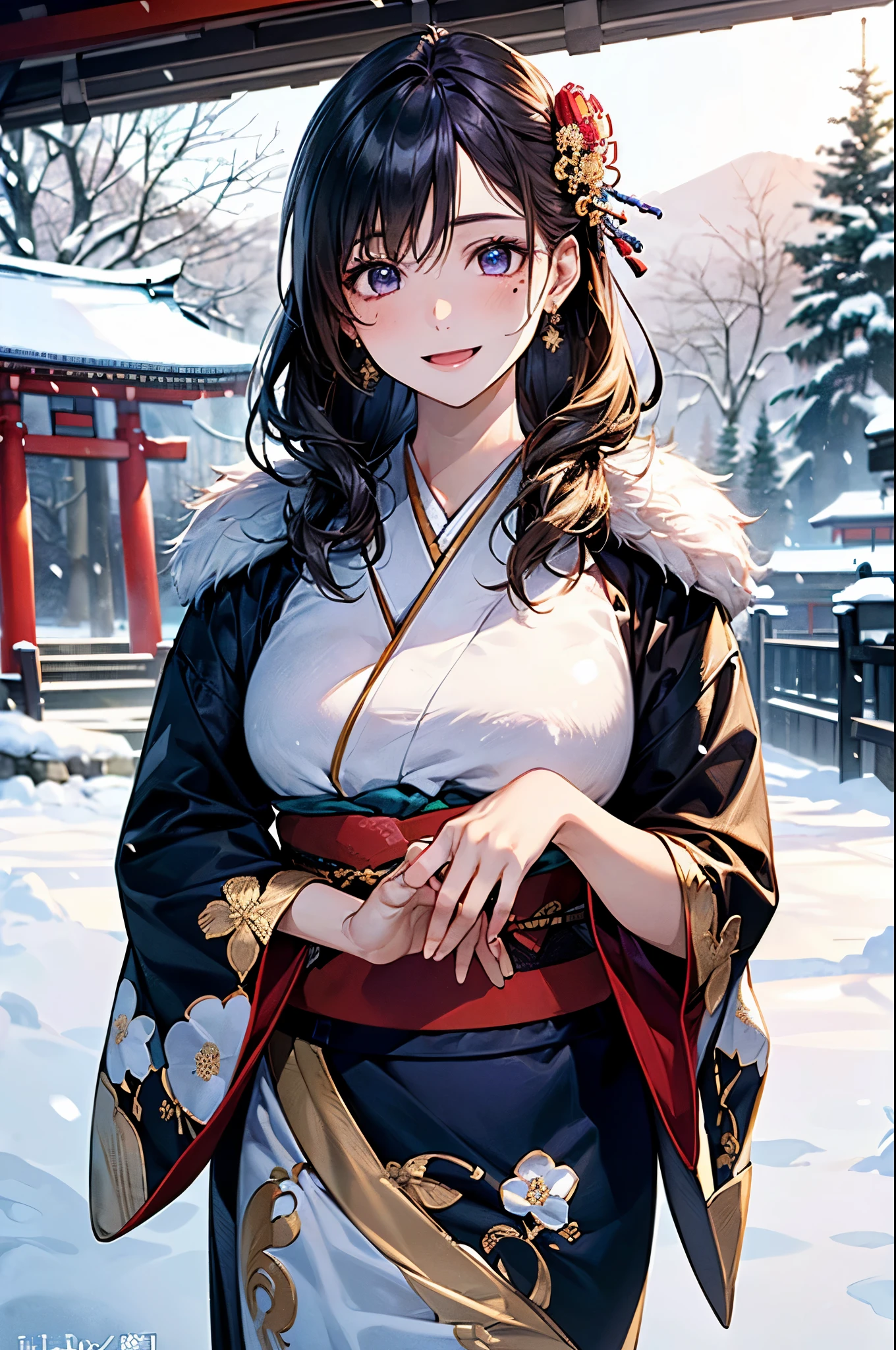 (Super beautiful woman in kimono)、((highest quality、8K masterpiece:1.3))、sharp focus:1.2、(super beautiful face:1.0)、(shiny skin:1.0)、realistic pictures、black haired、video writing、High resolution eyes and face、video writing、japanese actress、from the front、Medium chest、with a happy smile、wearing a kimono、under the autumn leaves、highest grade obi