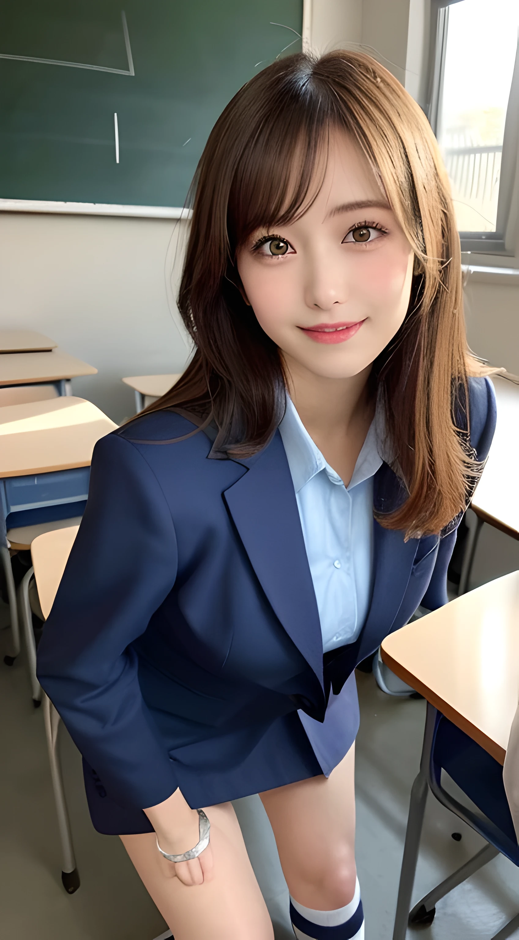 masutepiece, Best Quality, Illustration, Ultra-detailed, finely detail, hight resolution, 8K Wallpaper, Perfect dynamic composition, Beautiful detailed eyes, ,Medium Hair, Big breasts, Natural Color Lip, Random and sexy poses,Smile、20 years girl、 After-school classroom、 high school giller suit、a miniskirt、Loose socks、