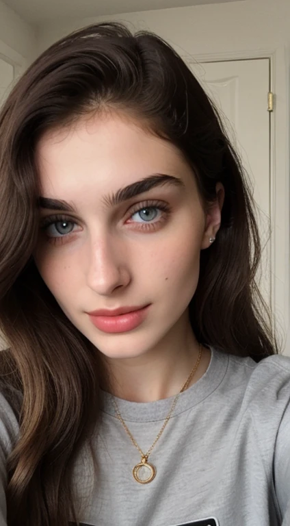 ((Front facing camera selfie)), 18 yo girl named Zahra Amiri, (straight nose), (prominent nose bridge), (female face golden ratios:1.15), long dense dark brown hair, (pale skin:1.25), (hazel eyes), thin eyebrows, high cheekbones, beautiful plump lips, big 34dd natural breasts, wearing tight grey tshirt, apartment background, smirk