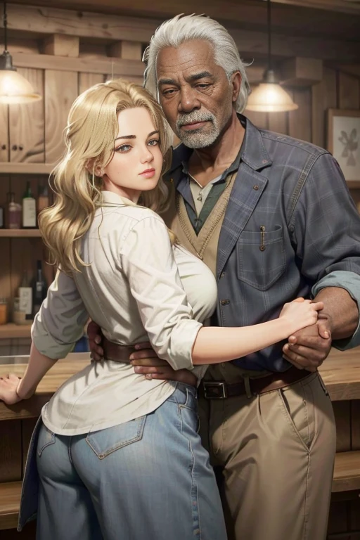 (master part, best quality:1.3) 
RDRAbigail, 1 beautiful sexy blonde girl with a big ass hugging a 90 year old black man, cabelos longos, Realistic, tiro completo , bar na cobertura, Noite, lively and energetic with a mix of natural and arteificial light 4k, 8k, trending on artestation, arte