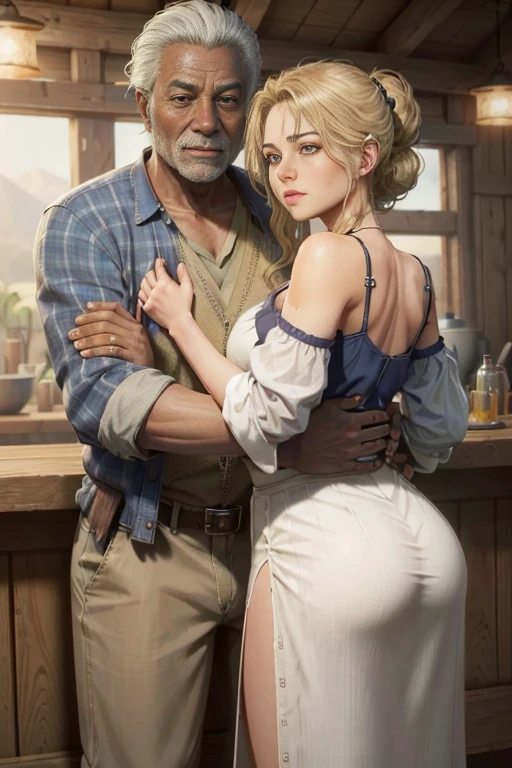 (master part, best quality:1.3) 
RDRAbigail, 1 beautiful sexy blonde girl with a big ass hugging a 90 year old black man, cabelos longos, Realistic, tiro completo , bar na cobertura, Noite, lively and energetic with a mix of natural and arteificial light 4k, 8k, trending on artestation, arte